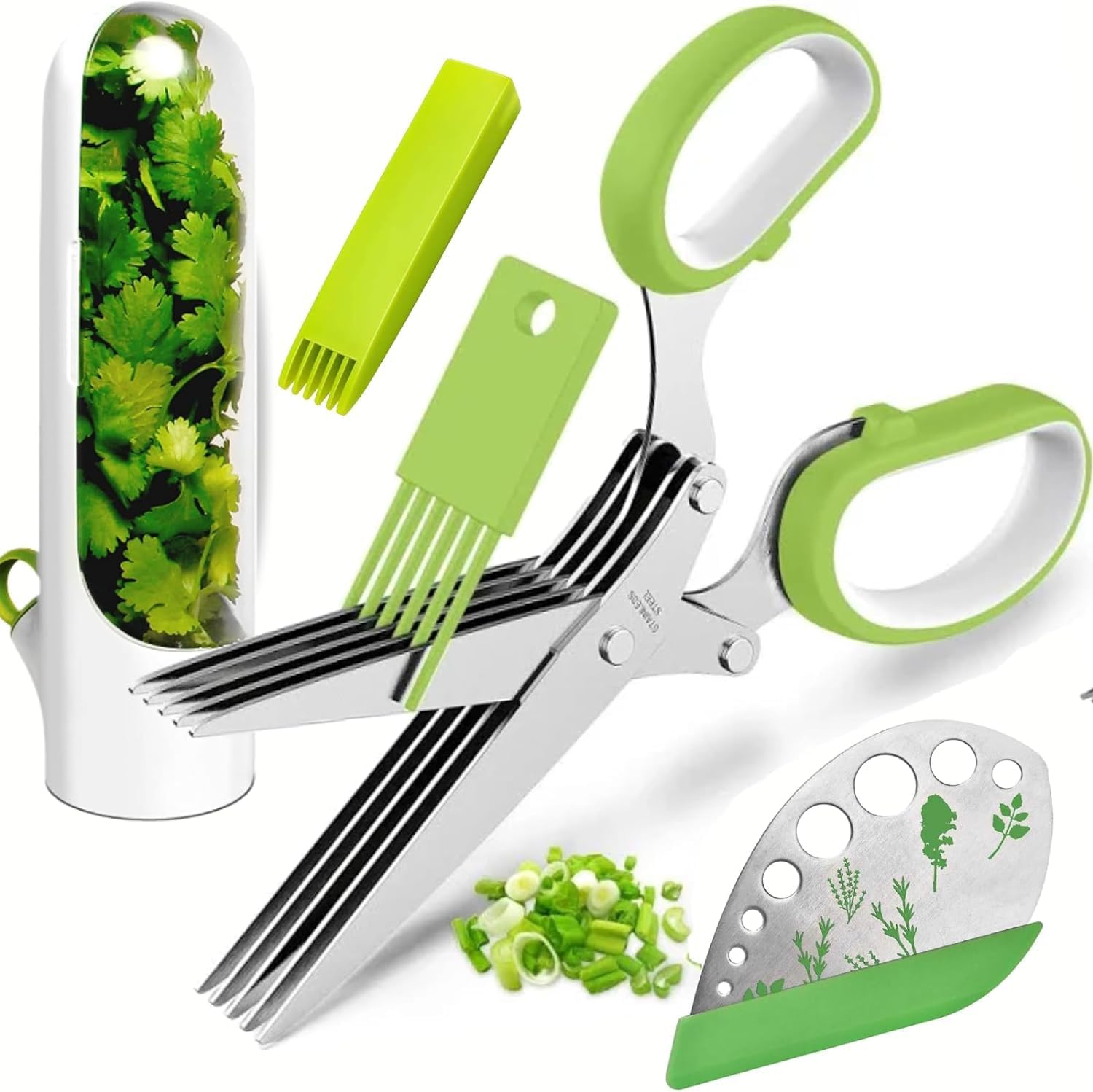 Herb scissors – Herb cutter scisoors with 5 blades and cover – 2024 Updated Sharp Multi-Blade Stainless Steel Herb cutting Shears for Kitchen; Kale and Herb Stripper with Herb Savor Pod (Bundle)