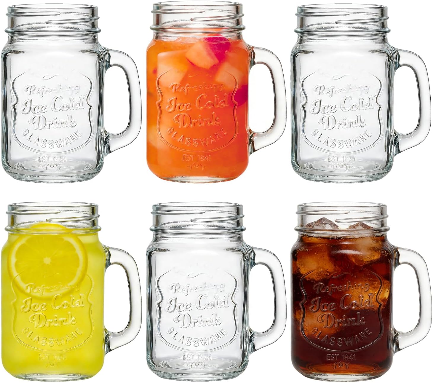 Mason Jar Cups Set of 6,16 oz Mason Jar with Handle,Clear Glass Drinking Glasses for Coffe Cup,Cold Beverages,Cocktails