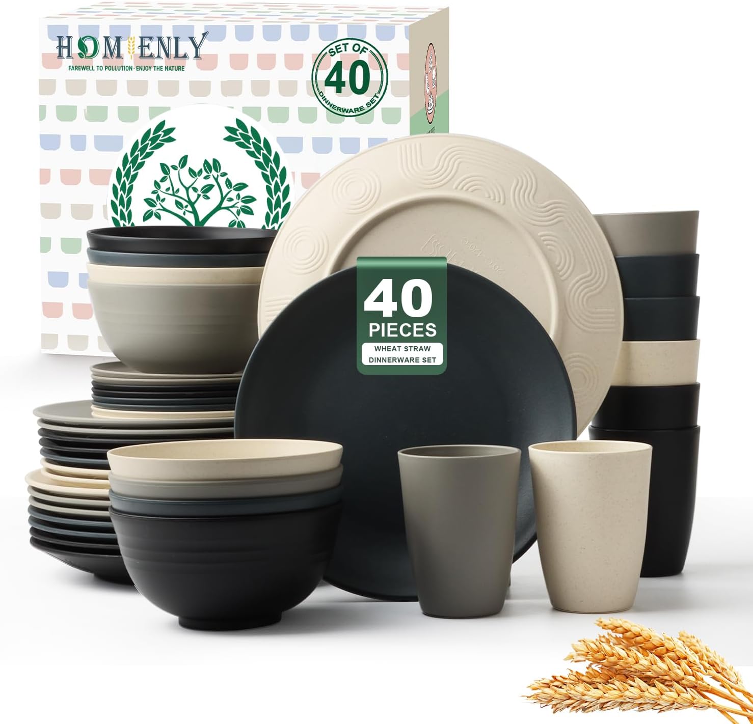 Homienly Kitchen Wheat Straw Dinnerware Set 40 PCS – Dinner Plates, Cereal Bowls, Wheat Straw Cups Set, Microwave and Dishwasher Safe Dishes Set, Unbreakable Dish Set for Party, Outdoor(Grey Stone)