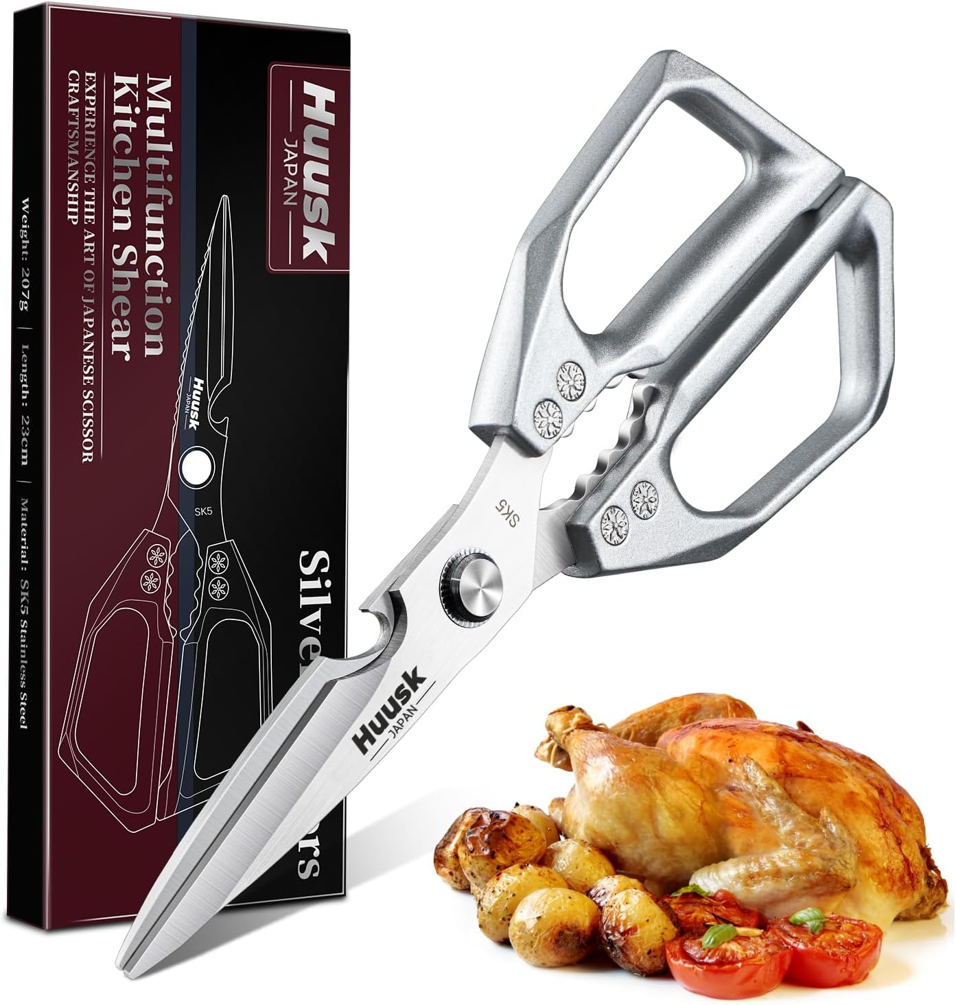 HUUSK Kitchen Scissors All Purpose – Stainless Steel Kitchen Shear, Sharp Silver Meat Scissors Dishwasher Safe, Heavy Duty Poultry Shears, Japanese Cooking Scissor for Food, Christmas Gifts for Women