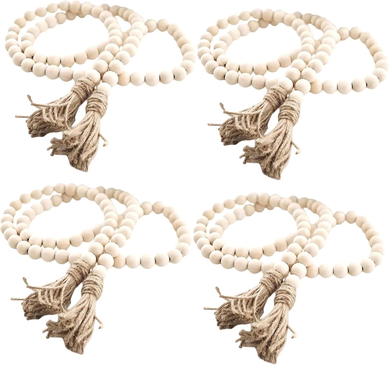 LSKYTOP 60 Inches Wood Bead Garland with Tassel,Farmhouse Rustic Prayer Boho Wooden Beads for Tiered Tray Coffee Table Mantel Decor (4Pack)