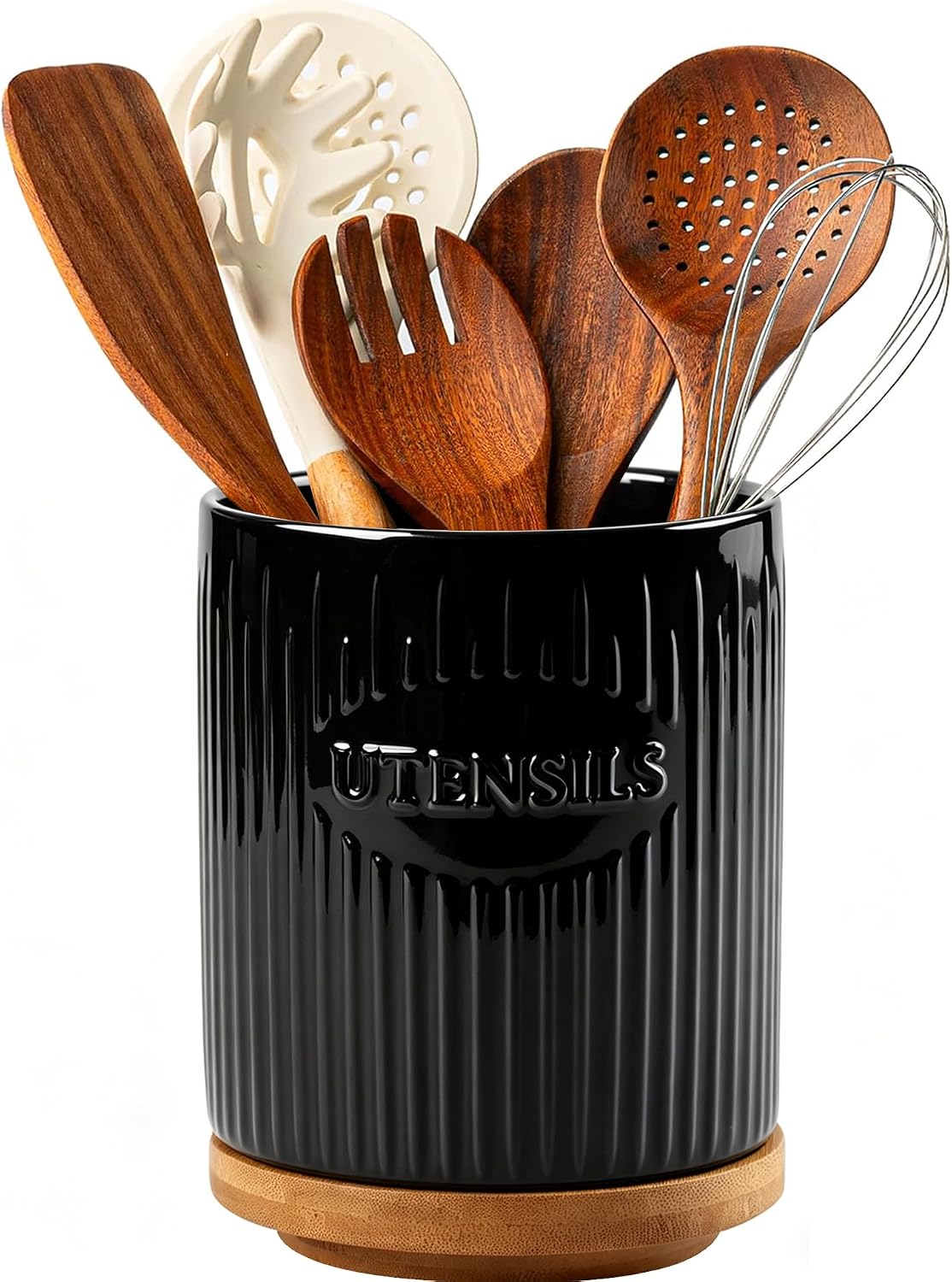 360° Rotating Utensil Holder, 7.6″ Large Ceramic Kitchen Utensil Holder for Countertop with Rotatable Bamboo Base, Stable Cooking Utensil Crock, Farmhouse kitchen Decor, Black