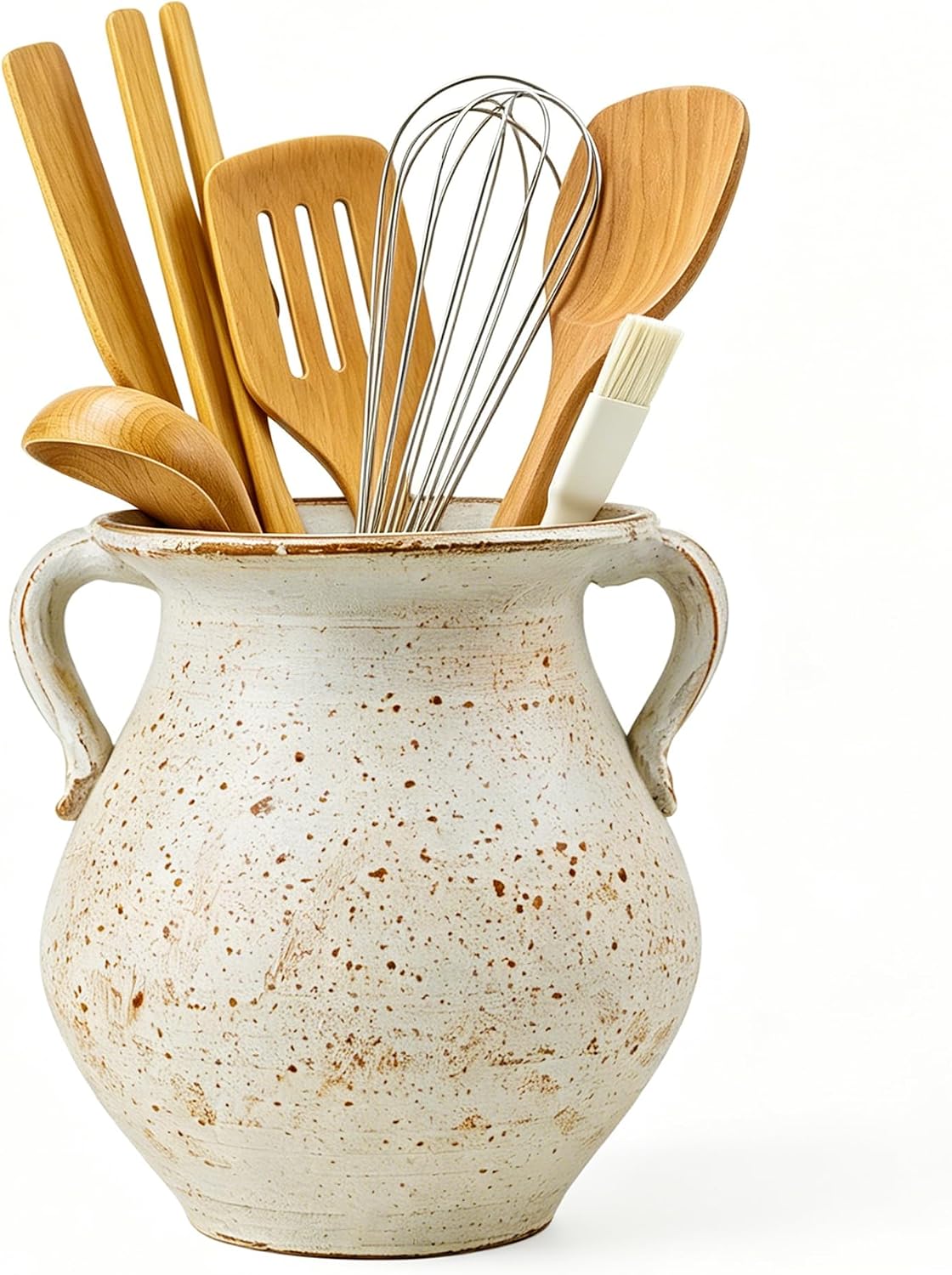 Rustic Kitchen Utensil Holder for Countertop, 7.6×4.9In Large Ceramic Cooking Utensil Crocks for Countertop, with Non-slip Pads, Morden Farmhouse Vintage Kitchen Counter Decor