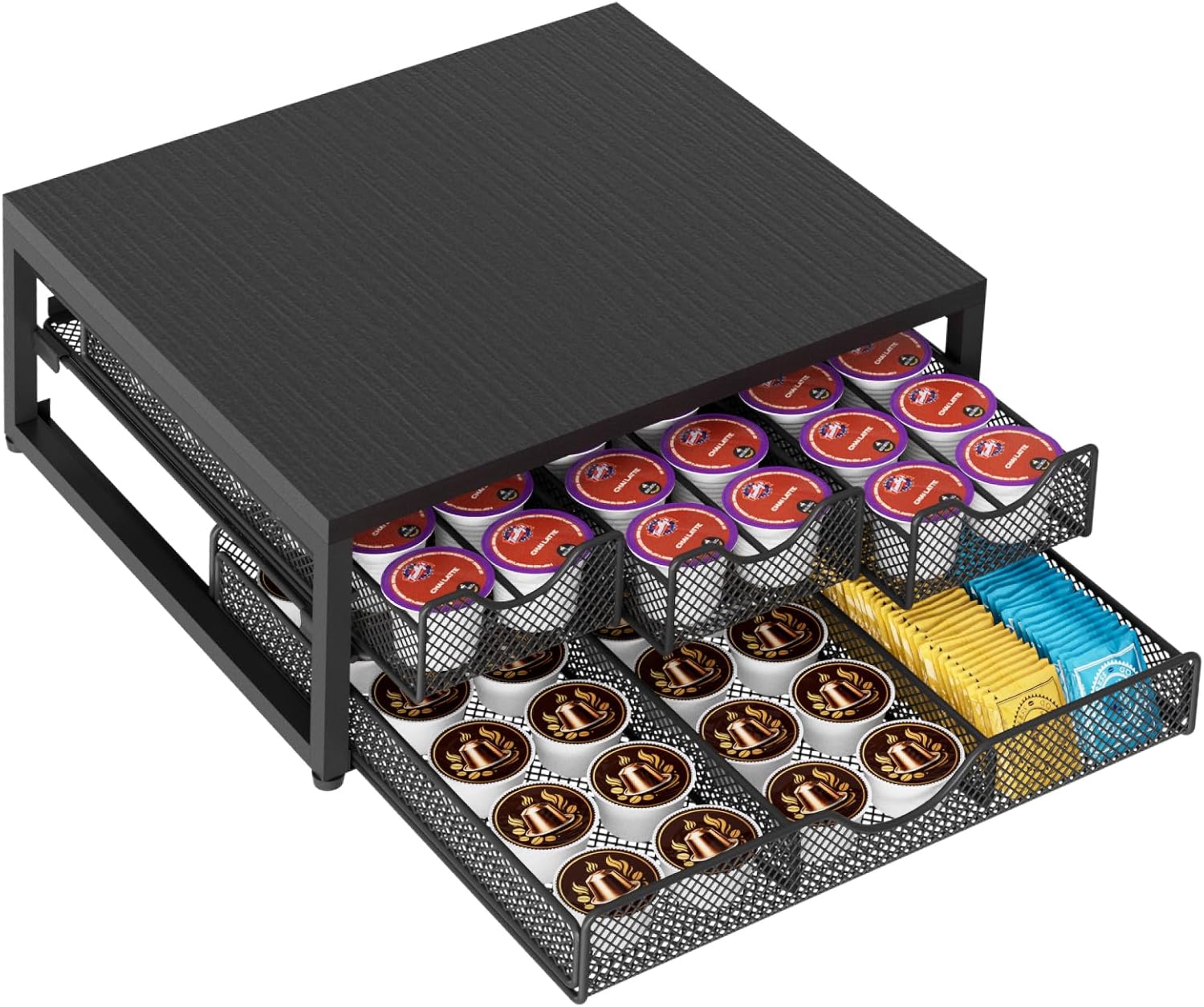 Coffee Pod Holder For Counter, 3 Pull-Out 72 K-Cup Holder Drawer, Wooden Cafe Pods Storage Organizer with Sliding Drawers for Coffee Station, Home, Kitchen, Office, Dorm (Black)