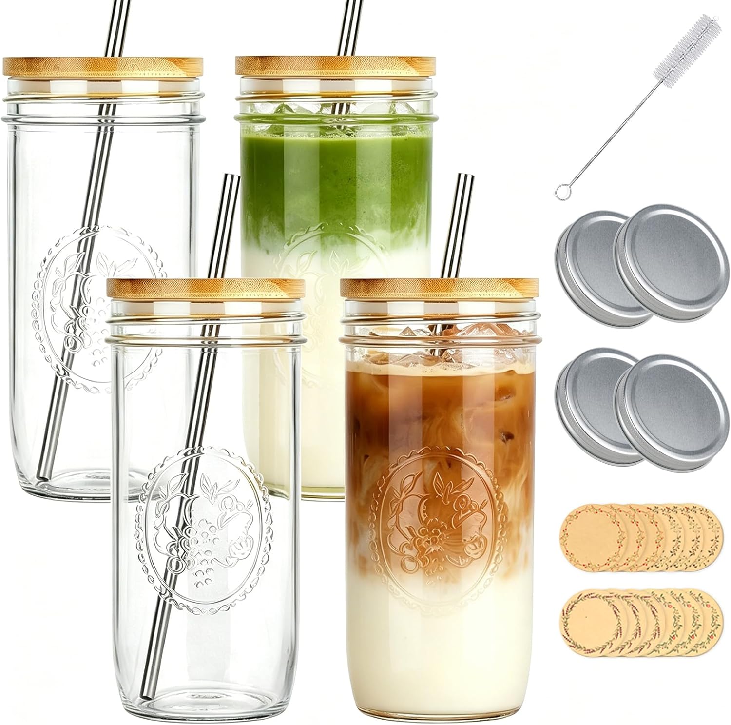 24 oz Glass Cups with Bamboo Lids and Straws, Thickened Glass Tumbler with 2 Lids (Bamboo & Sealing) – 4 Pack Wide Mouth Vintage Baroque Embossed Mason Jar Cup for Iced Coffee Smoothie Matcha Juice