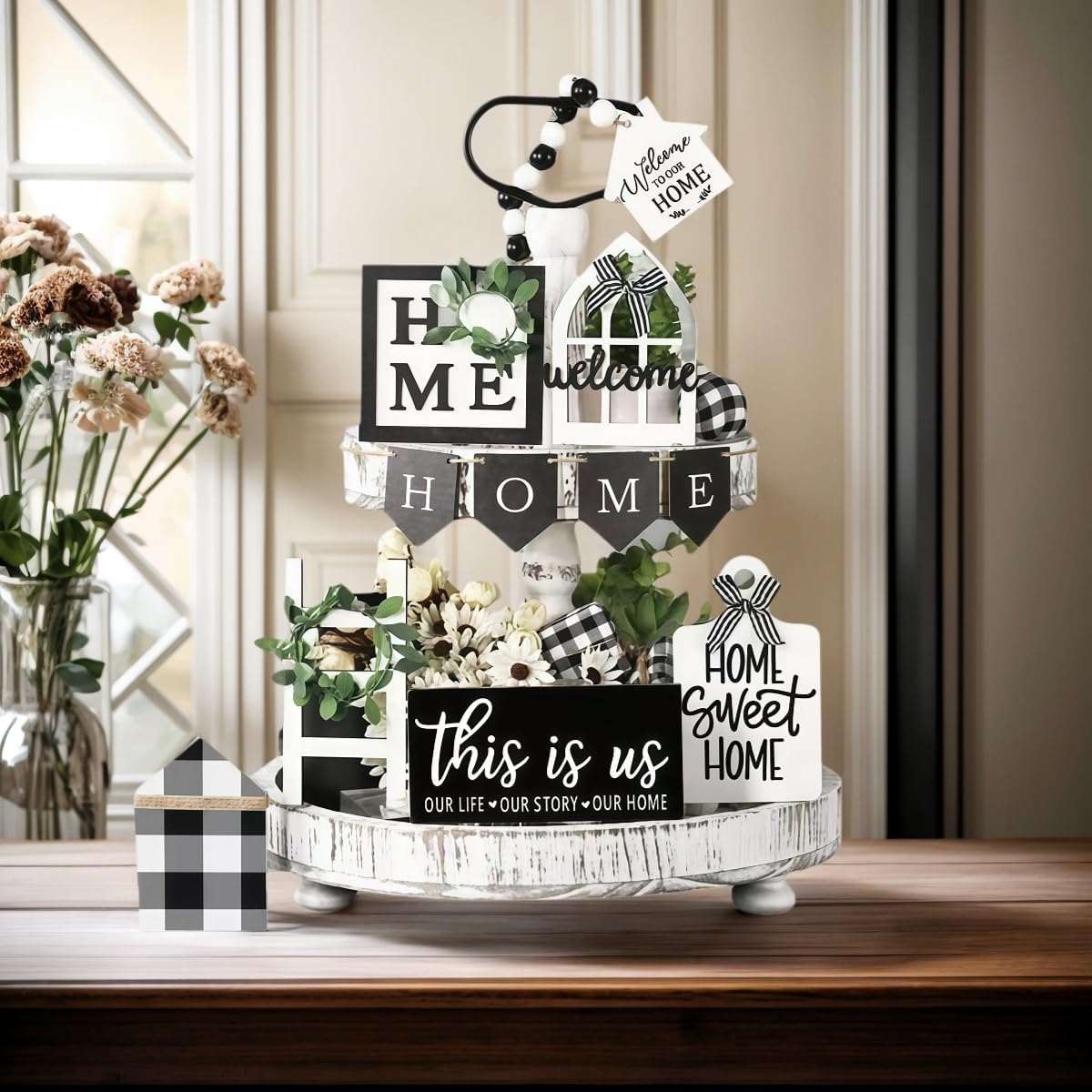 Tiered Tray Decor Set for Rustic Home Country Kitchen Dining Room Living Room Table Decorations Farmhouse Modern White and Black Tray Decorative with Wooden Beads and Board (No Tray)