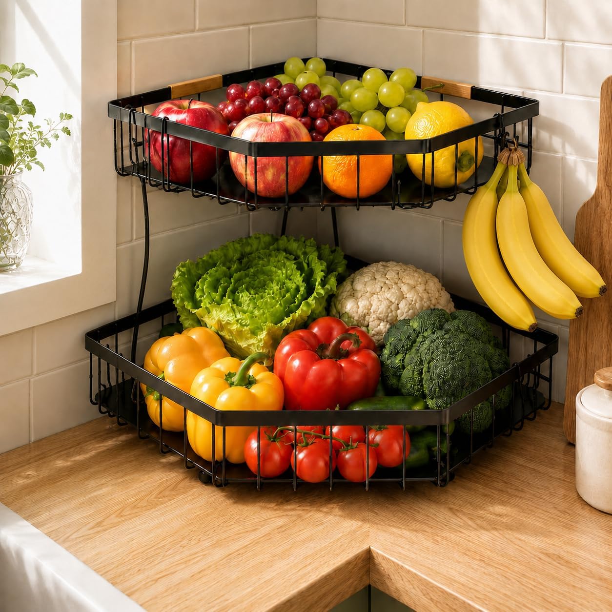2 Tier Fruit Basket for Kitchen Counter, Large Capacity Detachable Fruit Bowl with 2 Banana Hangers for Corner, Rust-Proof Metal Fruit Holder with Wooden Handle for Bread, Fruit, Vegetables