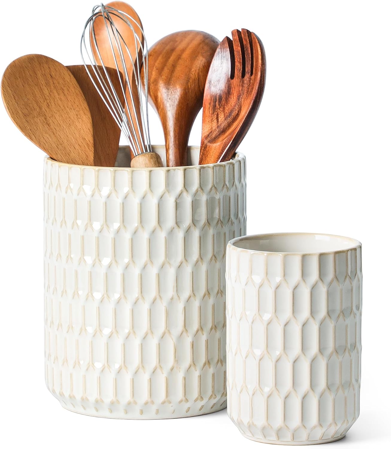 Utensil Holder Set of 2, Large & Small Ceramic Utensil Holder for Kitchen Countertop, Farmhouse Kitchen Decor, Thick Durable Utensil Crock Organizer, Beige