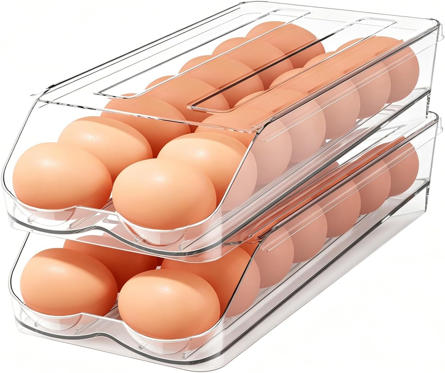 Egg Holder for Fridge,Automatic Rolling Egg Container for Refrigerator,2 Pack Clear Stackable 28-Count Egg Organizer with Lid, Fridge Organizers and Storage
