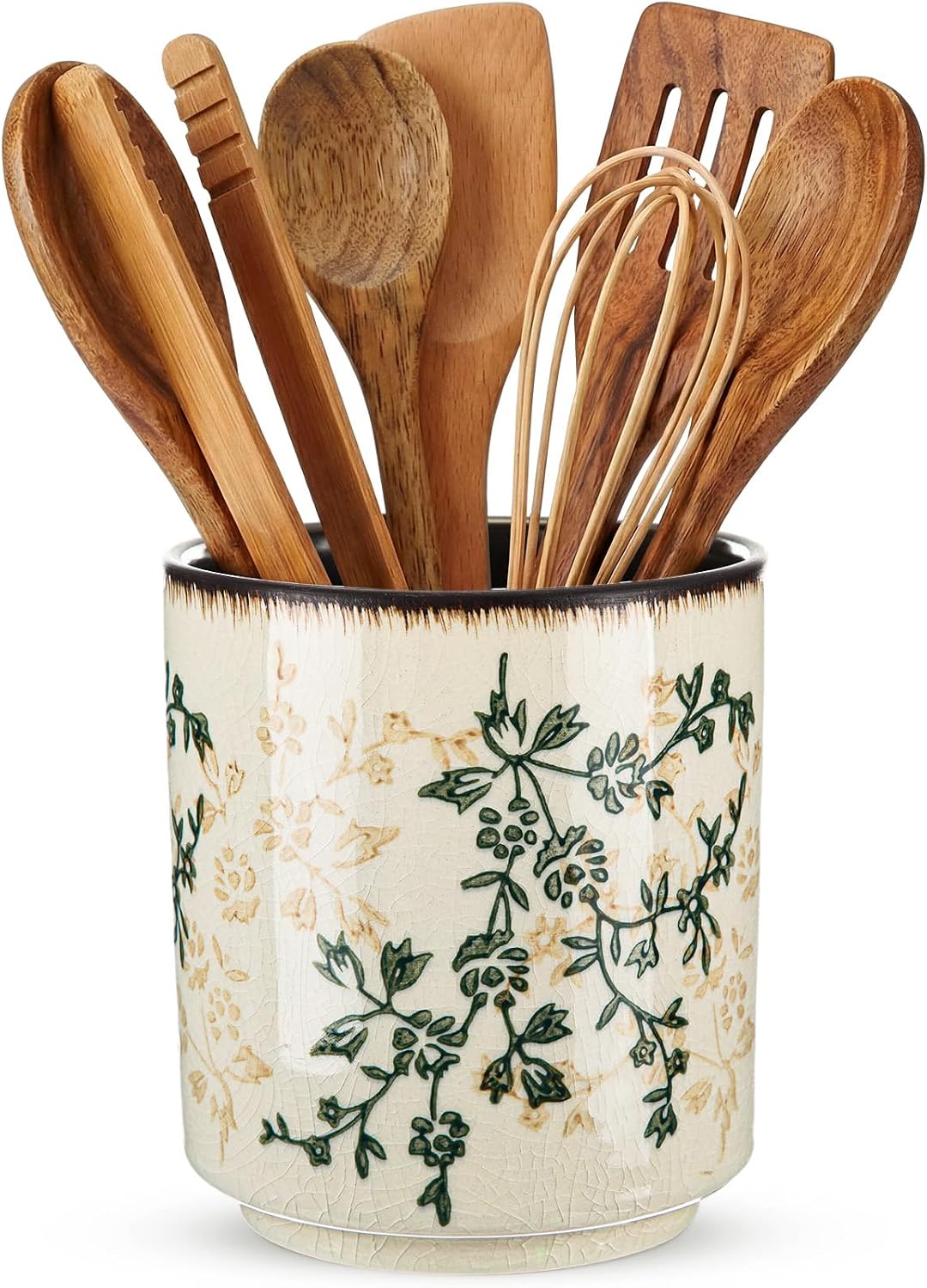 Kitchen Ceramic Utensil Holder Rustic 5.5″ Brown Green Floral Utensil Crock for Countertop Tuscany Cooking Tools Storage Caddy for Spatula Spoon Farmhouse Decor Housewarming Gift