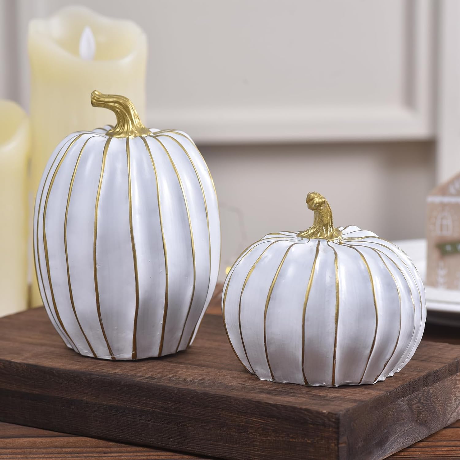 GHOSTMAGIC Fall Pumpkin Decor for Home, 2pcs White and Gold Resin Pumpkins, Thanksgiving Table Centerpiece, Halloween Pumpkin Decorations for Indoor, Shelf, Mantel, Tiered Tray Display (White)