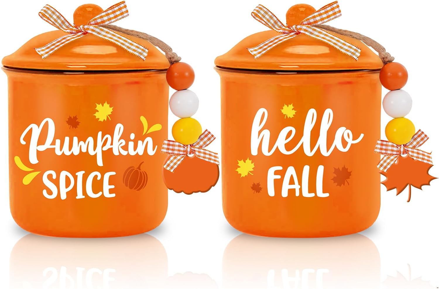 Whaline 2 Pcs Fall Mini Ceramic Canister Hello Fall Pumpkin Spice Mini Jar Orange Candy Holder with Lid Plaid Bow Autumn Tiered Tray Decor for Thanksgiving Table Home Kitchen Storage Accessory