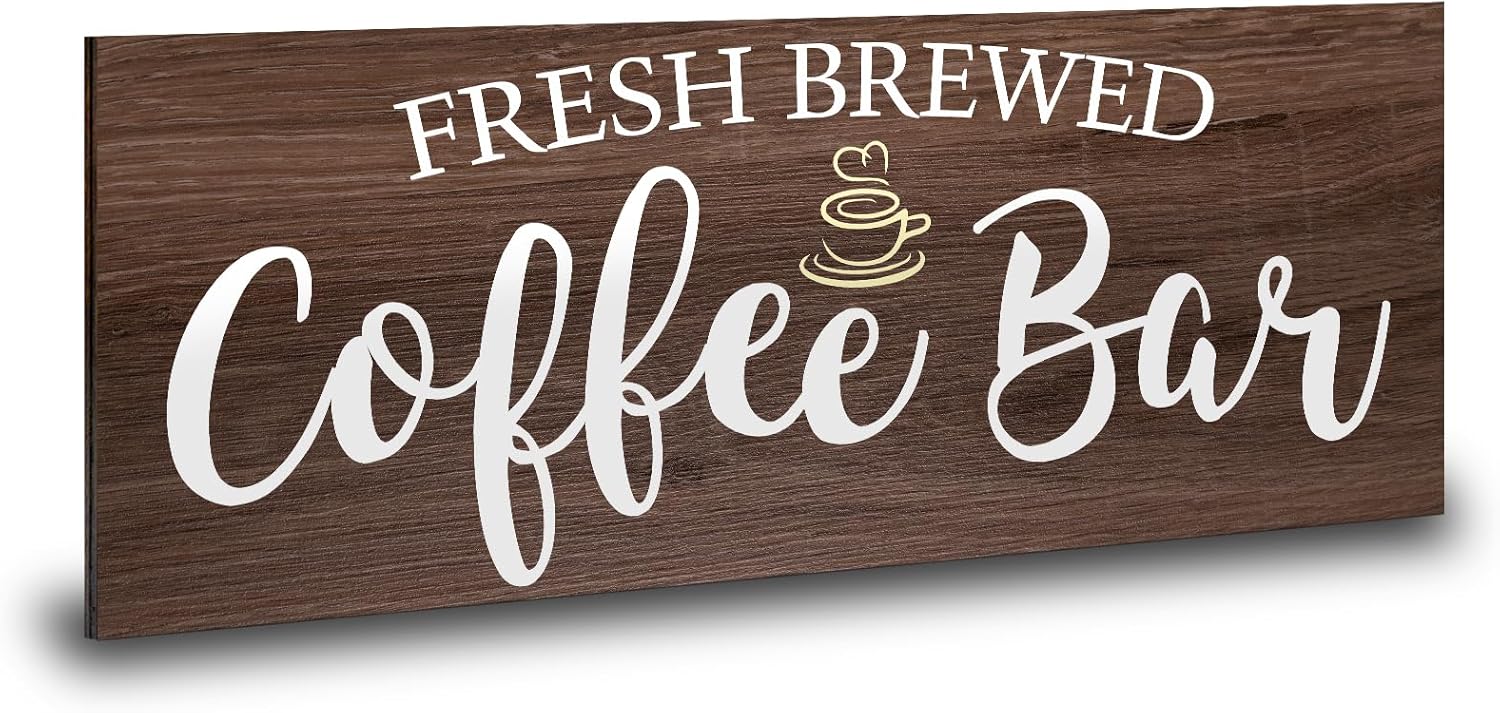 Rustic Coffee Bar Sign Wall Decor – Vintage Wood Grain Hanging Plaque for Kitchen, Cafe Bar Home Housewarming – Farmhouse Style Coffee Station Accessories, Self Serve Fresh Brewed Sign – 13.7×5.9 Inch