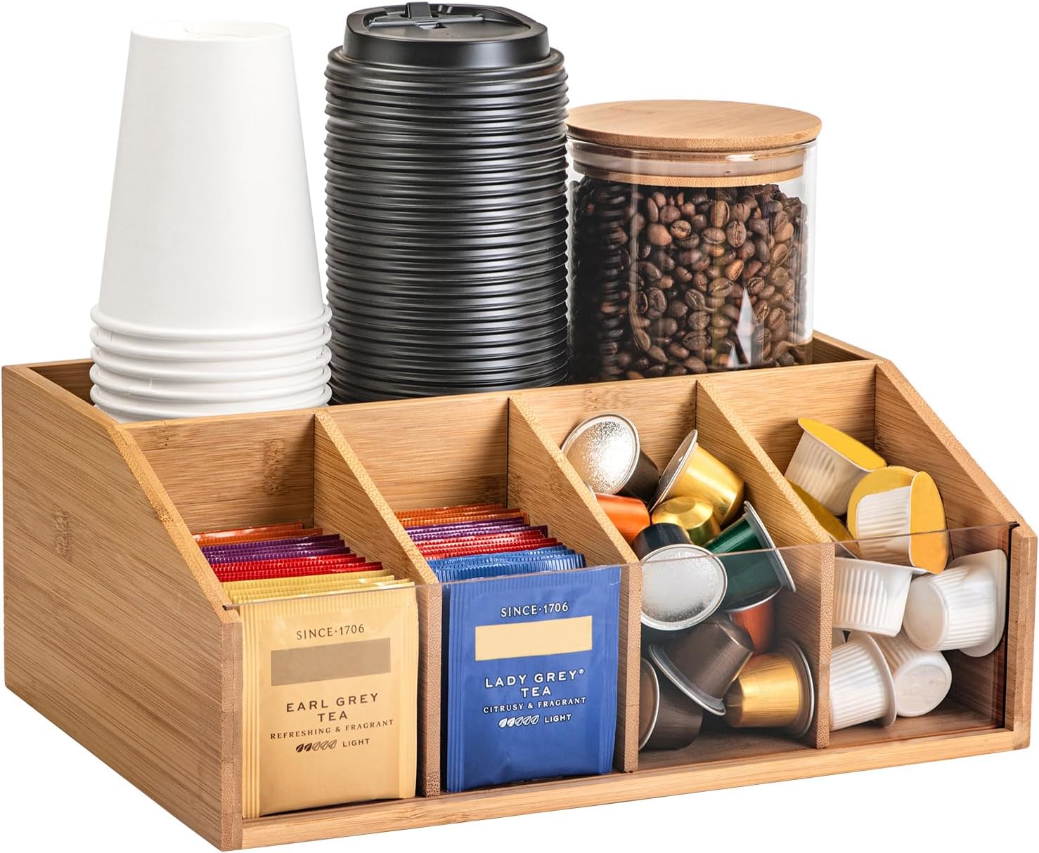 Bamboo Coffee Station Organizer for Countertop, Coffee Bar Accessories Organizer with 5 Compartments for Tea Bags Condiment, Pods, Creamer, Syrup, Cups
