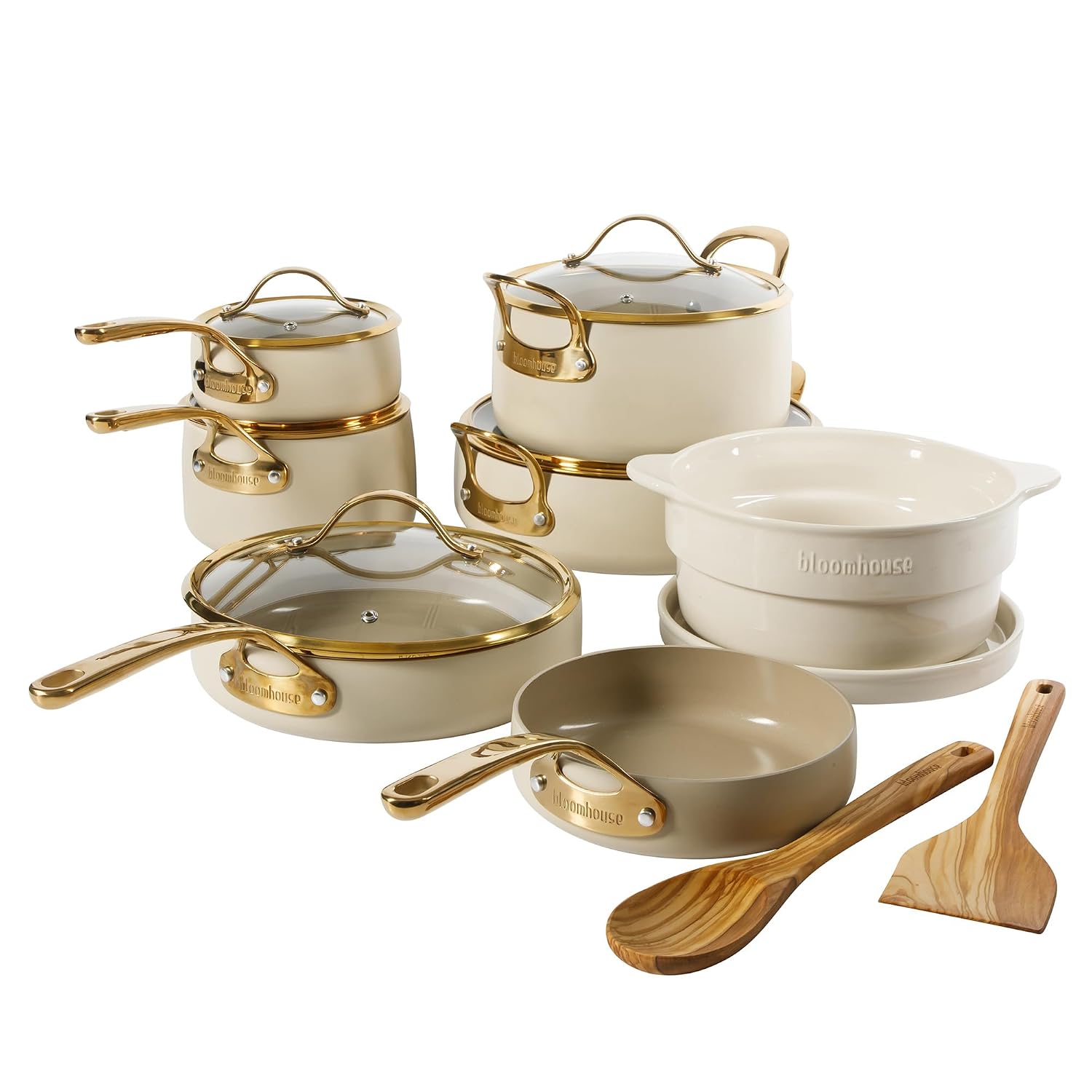 Bloomhouse 15-Piece Ceramic Nonstick Cookware Set, Two Time Oprah’s Favorite Things, Heavy-Gauge Aluminum Pots and Pans Set, PFAS & PFOA & PTFE Free Ceramic Cookware, Oven Safe to 500°F, Almond Cream