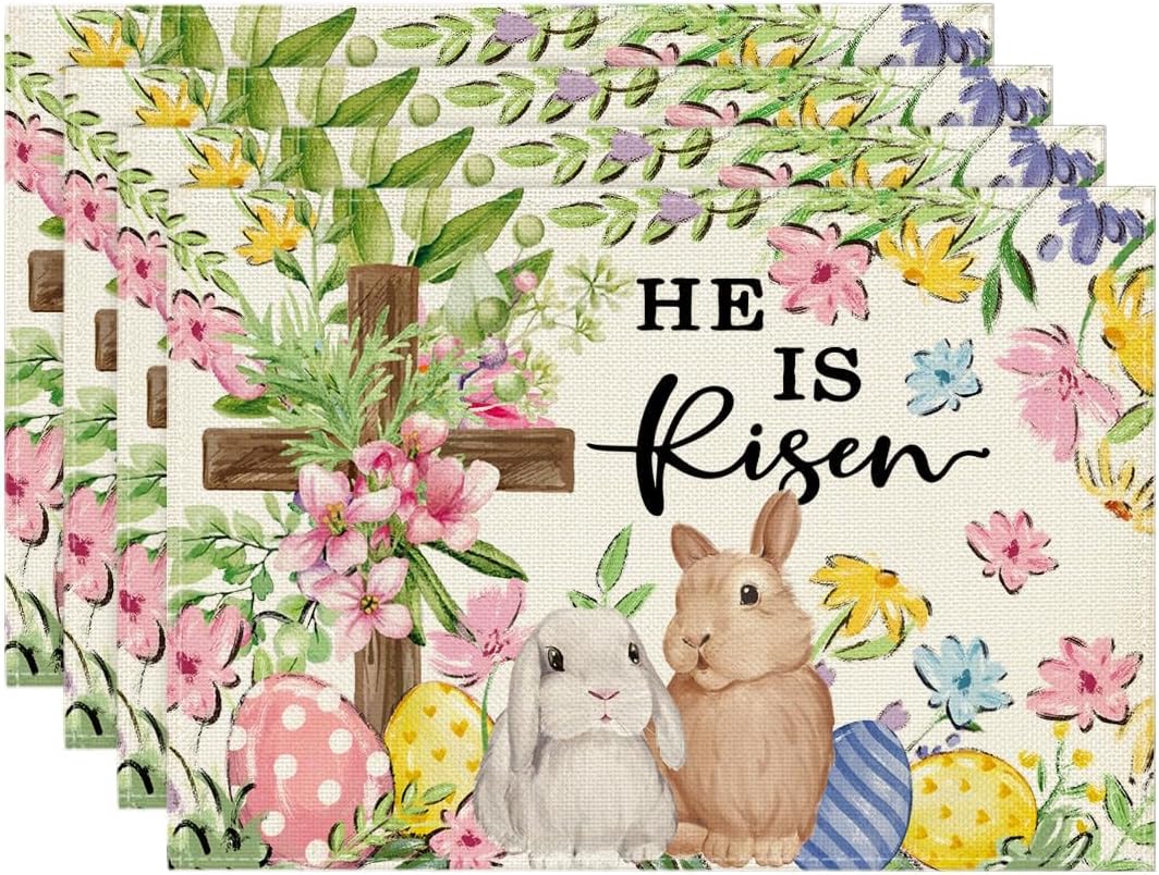 Artoid Mode Bunny Rabbits Flower Colorful Eggs Easter Placemats Set of 4, 12×18 Inch Seasonal Spring Table Mats for Party Kitchen Dining Decoration