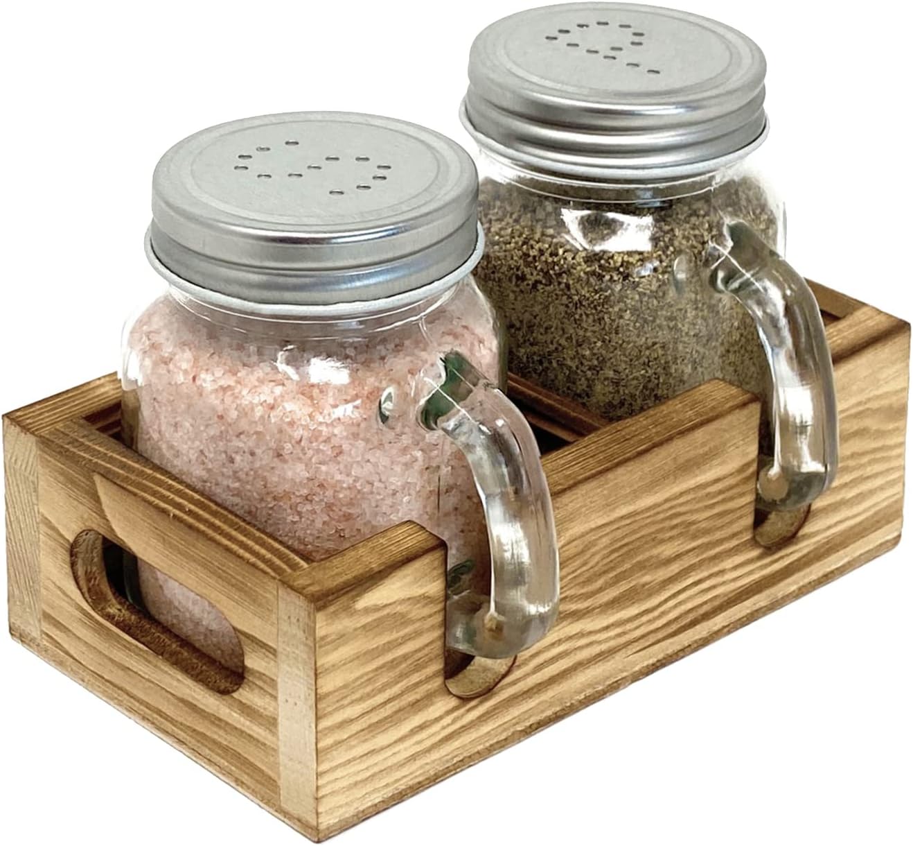 Mason Jar Salt and Pepper Shakers – Glass Shaker Set with Wood Holder Caddy, Easy to Clean & Refill for Farmhouse Kitchen Table, Home and Gifts