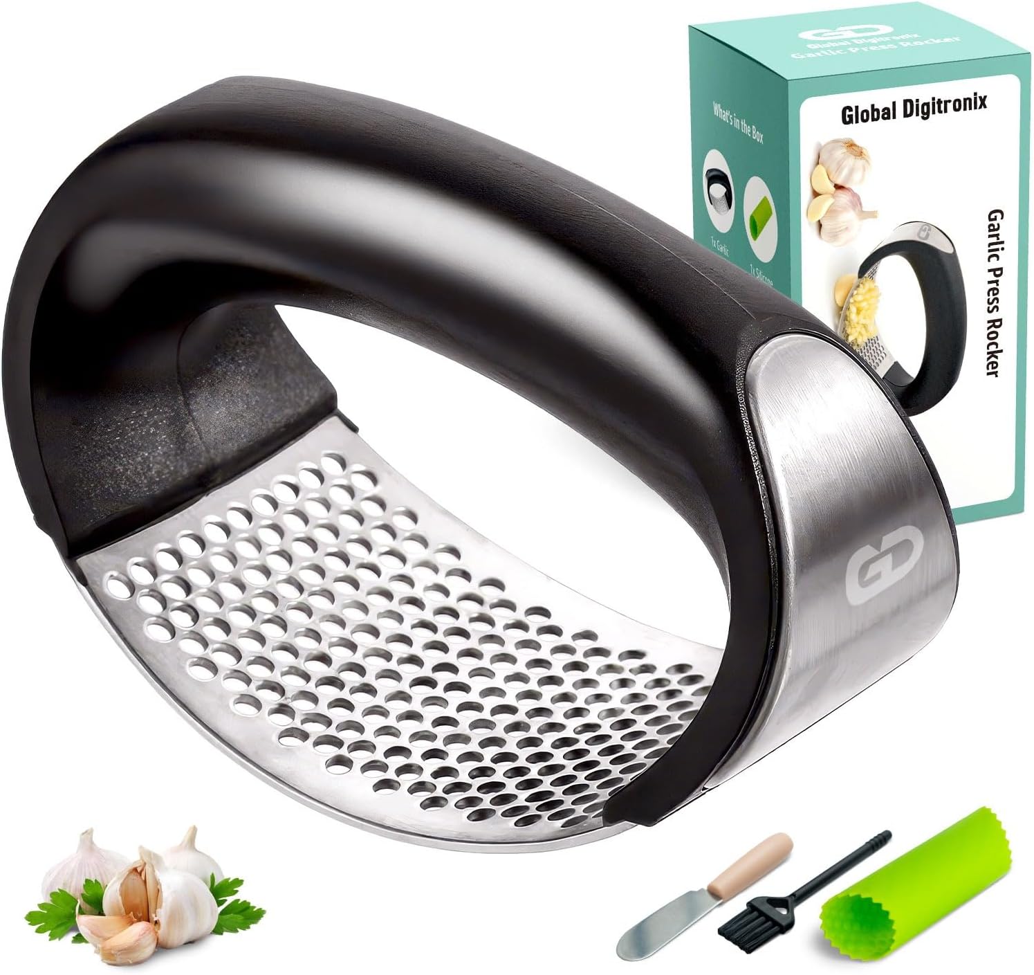 Garlic Press Rocker – Stainless Steel Garlic Mincer, Crusher & Chopper Tool with Peeler, Spatula & Brush – Easy-Press Garlic Press for Mincing Cloves, Ginger & Nuts, Comfortable Ergonomic Handle