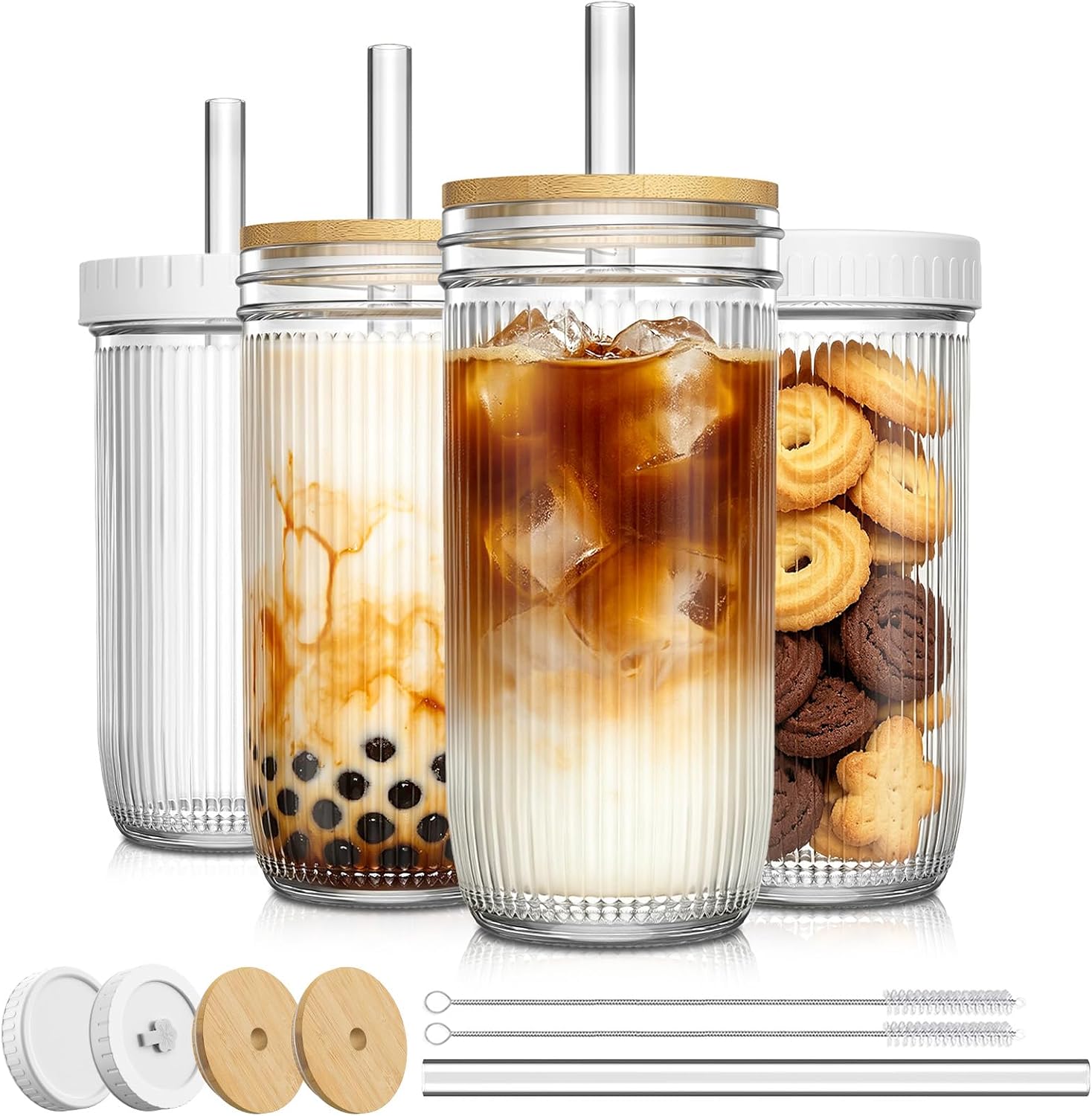 SoulTimes 24oz Mason Jar Drinking & Storage- Ribbed Glass Tumbler with Straw and Lid. Wide Mouth Boba Cups for Ice Coffee, Smoothie, etc. Leakproof and Reusable Food Container For Travel To Go 【4 Pcs】
