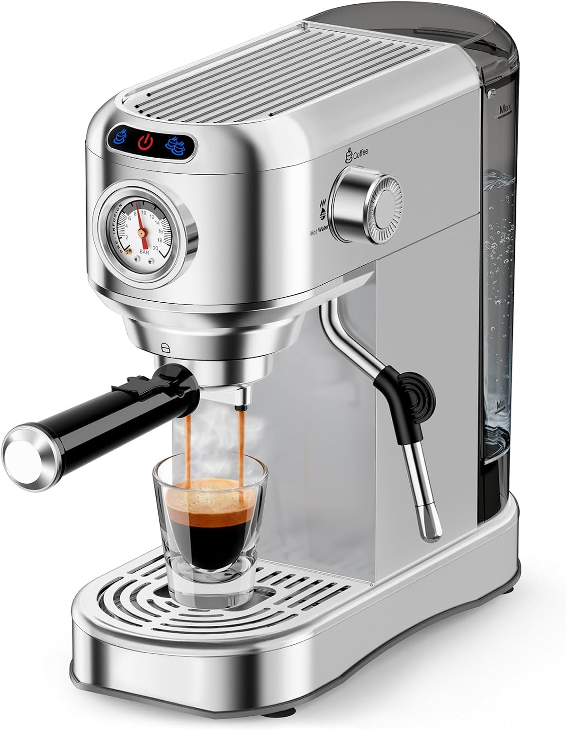 Espresso Machine 20 Bar, Compact Espresso Coffee Machine with Milk Frother, Stainless Steel Coffee Maker with 34oz Removable Water Tank, Cappuccino Machine for Home, Office, Latte (Silver)