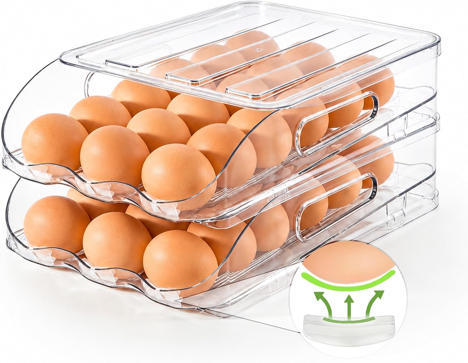 SMRCAD 36-Egg Dispenser with Silicone Bumpers, Auto-Rolling, Stackable | BPA-free food-grade PET | Stackable with lid | Built-in handle | 11.92″L x 8.85″W x 5.4″H | Hand wash only