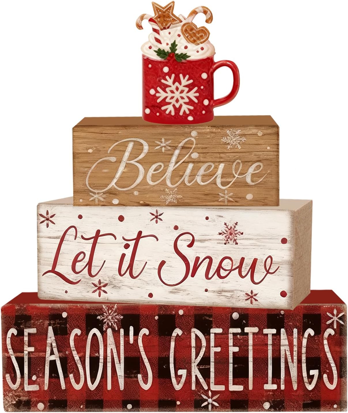 4 Pcs Christmas Decorations Indoor – Wooden Cocoa Table Decoration for Home – Christmas Centerpiece For Table – Winter Tiered Tray Decor Rustic Farmhouse Xmas Gift for Home Kitchen Mantel