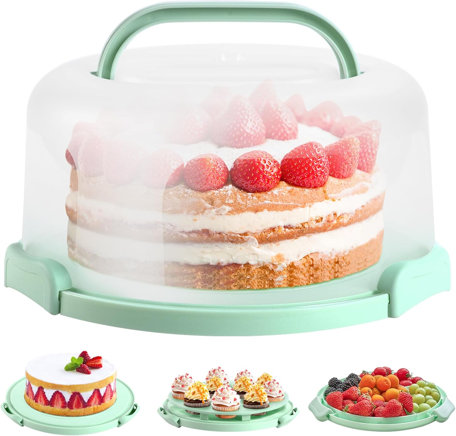 Cake Carrier with Lid and Handle, Ohuhu BPA-Free Cake Containers Cake Holder for 10 inch Cake with 2 Handle Cupcake Carrier – Plastic Cover Two Sided Base for Transport Pie Nut Fruit Mothers Day Gifts