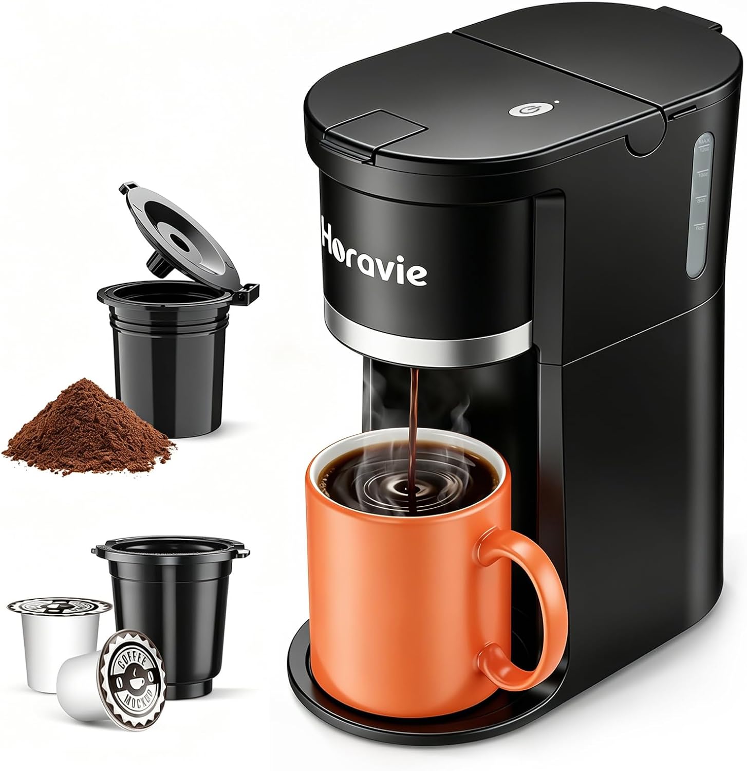 Horavie Small Single Serve Coffee Maker, Fast Brew One Cup Coffee Machine for K Cup and Grounds, 6 to 12 oz. Brew Sizes, Pod Coffee Maker with Descaling Reminder and Viewing Tank, Black