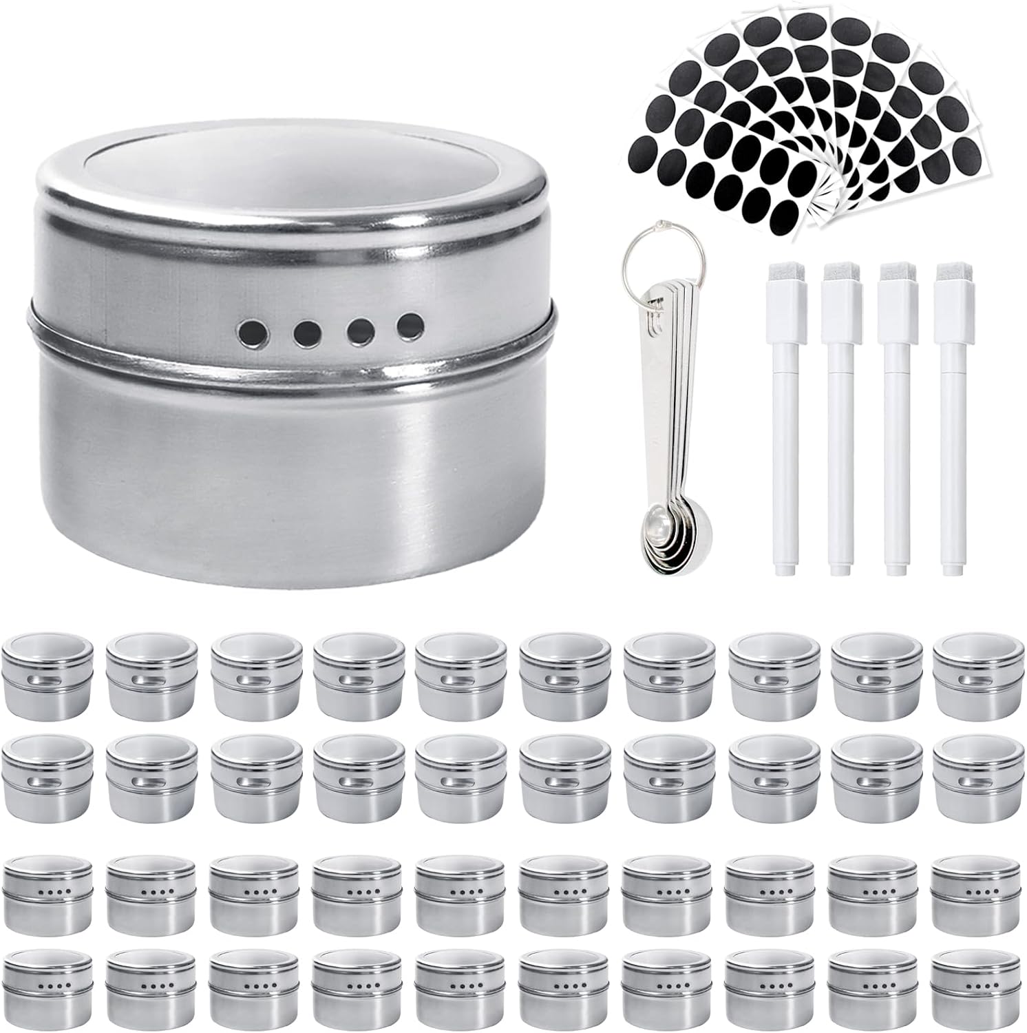 40 Pcs Magnetic Spice Tins with Clear Lids Stainless Steel Sift Spice Storage Containers Set with 4 Pens, 10 Sheets Labels, 5 Weighing Spoons,for Fridge Grill