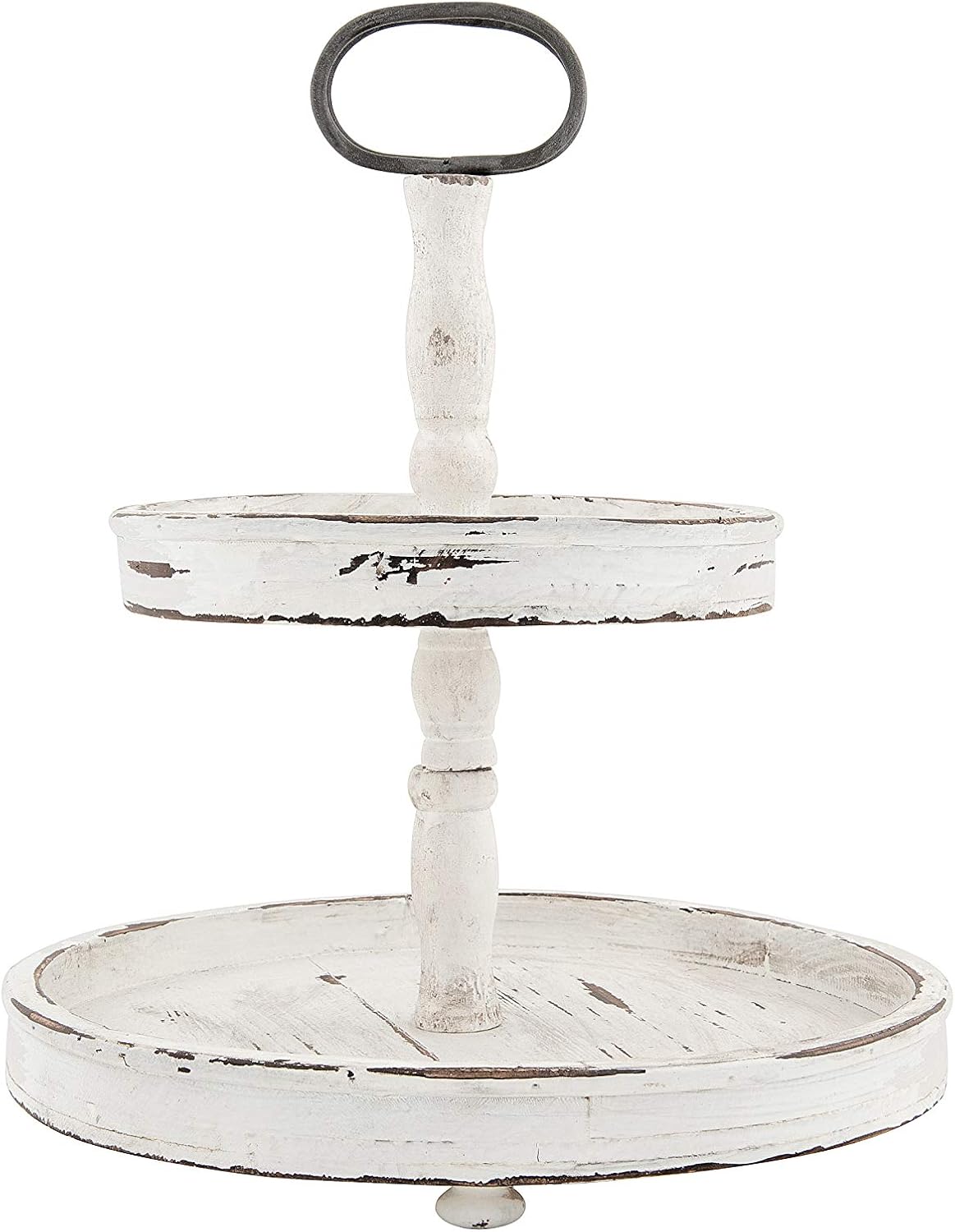 Creative Co-Op Distressed Cream Wood 2-Tier Tray with Metal Handle