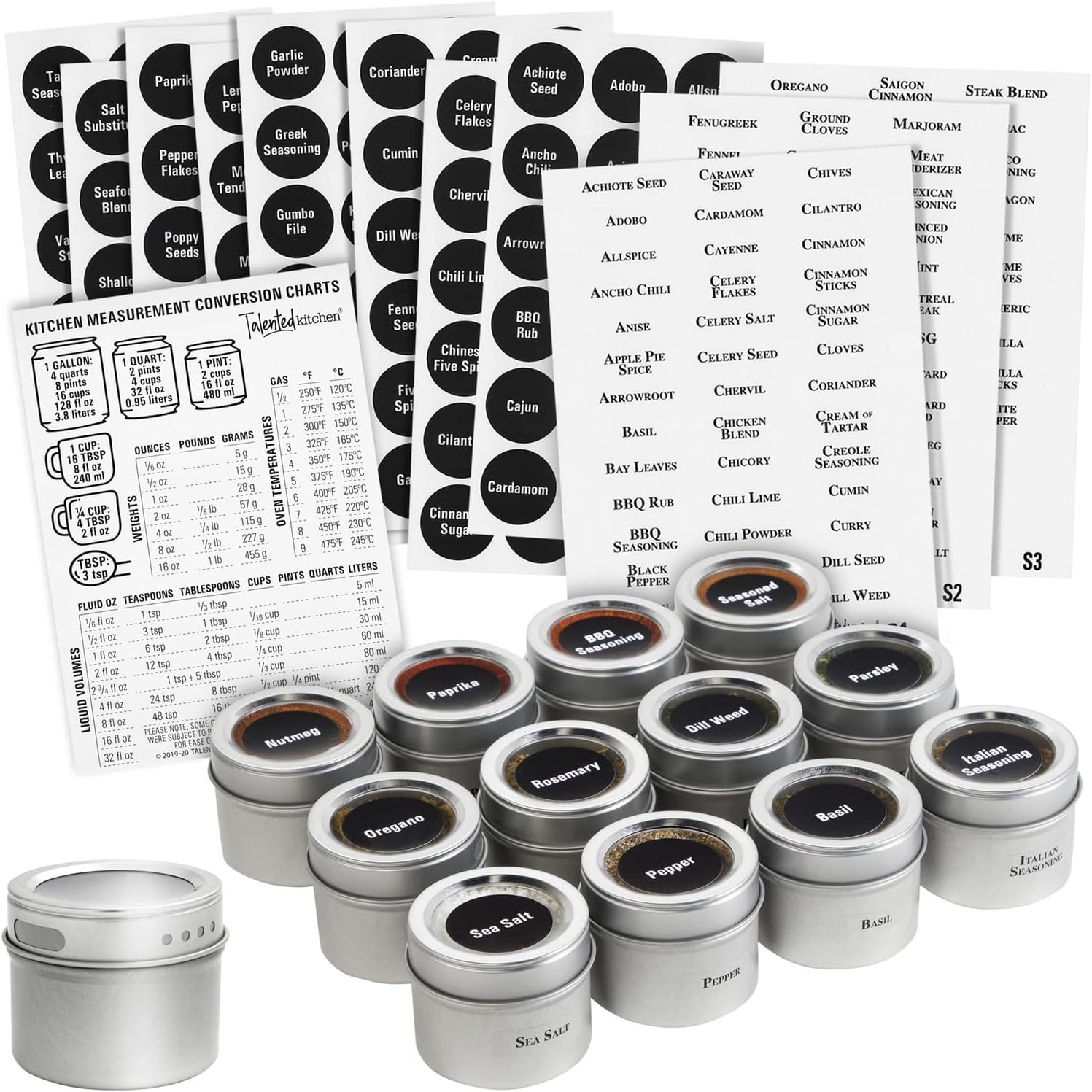 Talented Kitchen Magnetic Spice Jars for Refrigerator – 3 oz, Stainless Steel, Set of 12 – Spice Containers with Labels – Magnetic Travel Containers & Camper Must-Haves