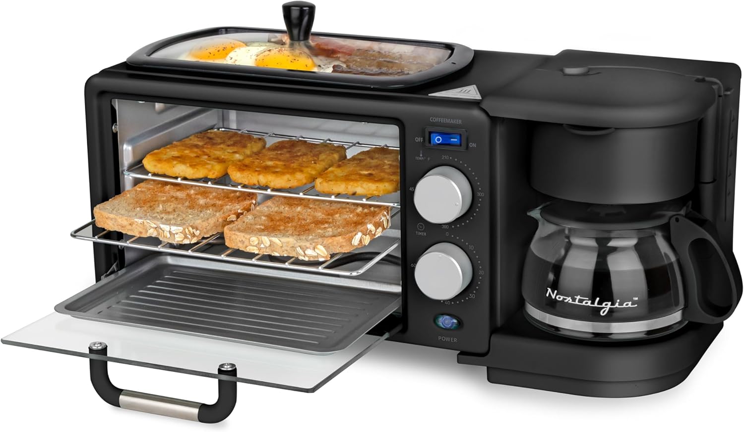 Nostalgia 3-in-1 Retro Breakfast Station – Includes 5 (4 Oz) Cup Coffee Maker, Non-Stick Ceramic Griddle, and 4-Slice Toaster Oven – Built-In Timer, Reusable Coffee Filter, Space-Saving Design – Black