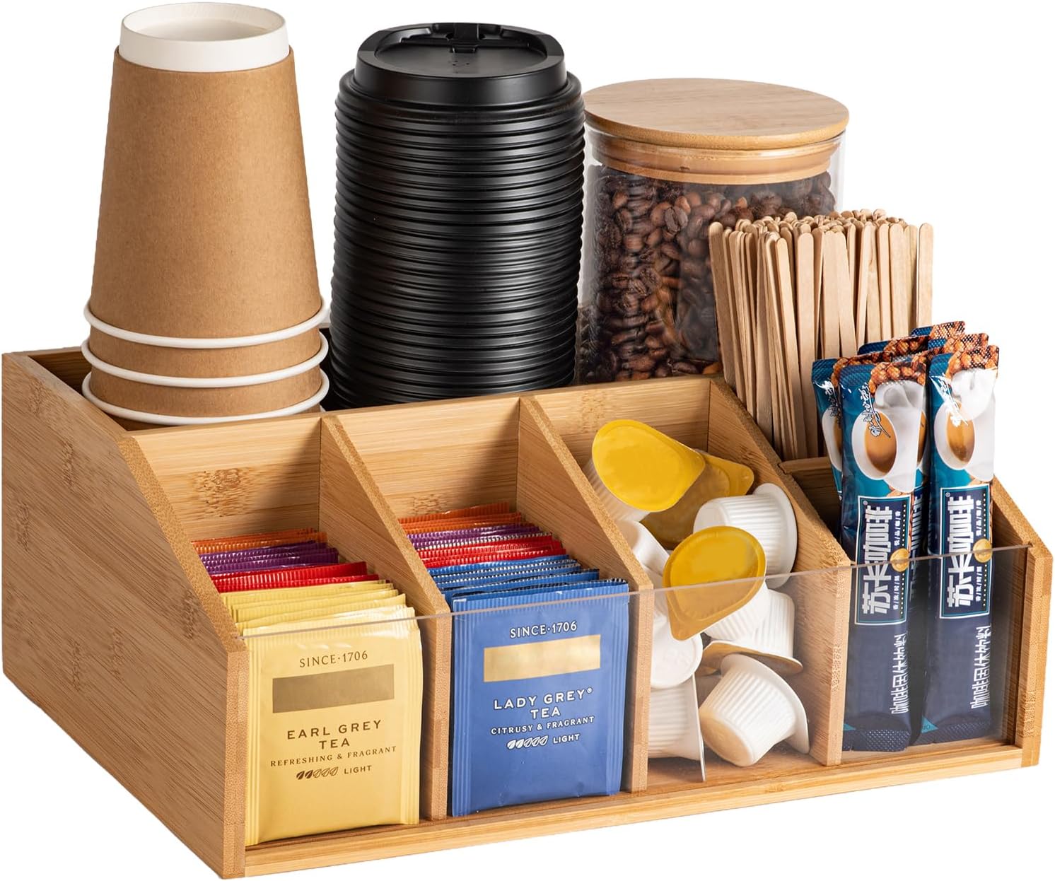Bamboo Coffee Station Organizer for Countertop, Coffee Bar Accessories Organizer with 6 Compartments for Tea Bags Condiment, Pods, Creamer, Stirrer, Syrup, Cups