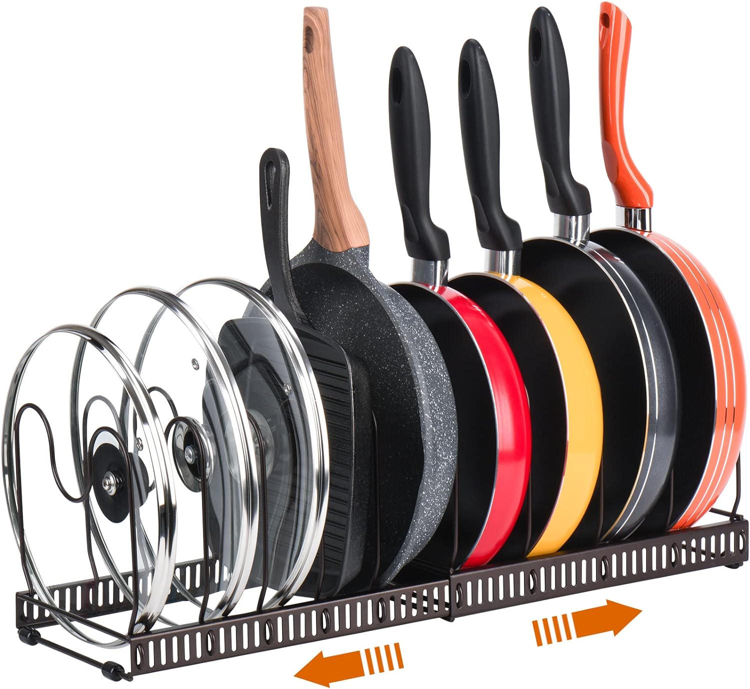 Toplife Pots and Pans Organizer Rack for Cabinet and Countertop, 10+ Pot Lids, Bakeware and Cookware Organizer Rack Holder with 10 Adjustable Compartments – Brown