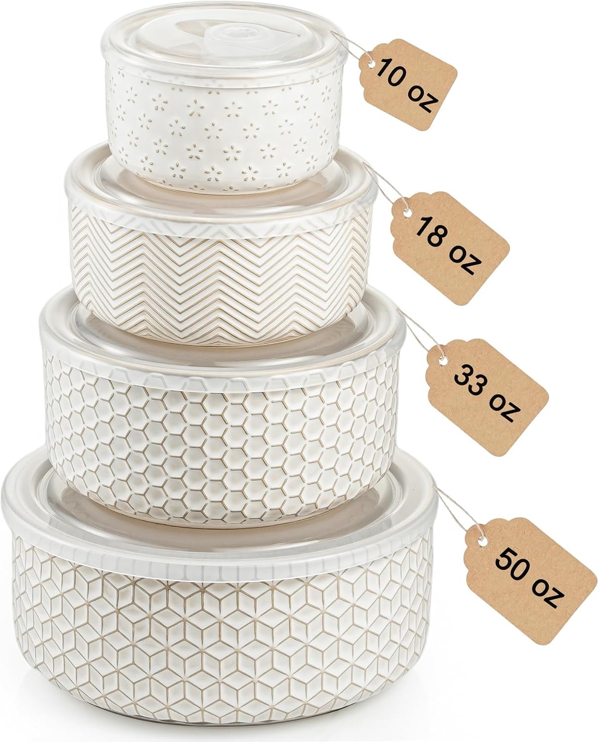 Serving Bowls with Lids, Ceramic Embossed Nesting Mixing Bowls, Set of 4, Serving Bowls Set for Food Storage, Popcorn, Salad etc, Microwave & Dishwasher Safe, 10/18/33/50 OZ, Off-White