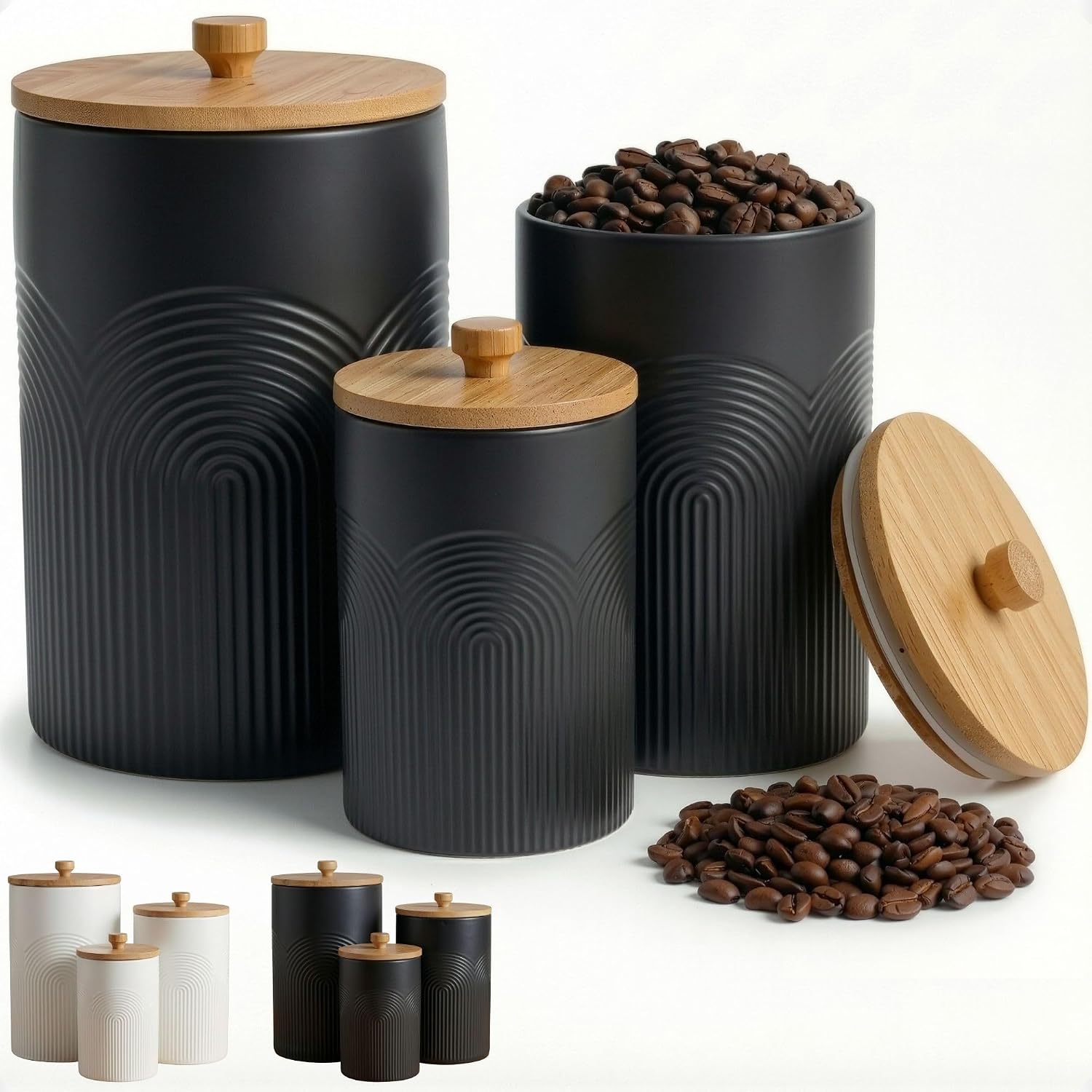 Ceramic Kitchen Canisters for Countertop Set of 3 with Airtight Bamboo Lids – Black Kitchen Canisters with Airtight Lids – Flour Sugar Canister Set – Flour and Sugar Containers Farmhouse – Coffee Jar