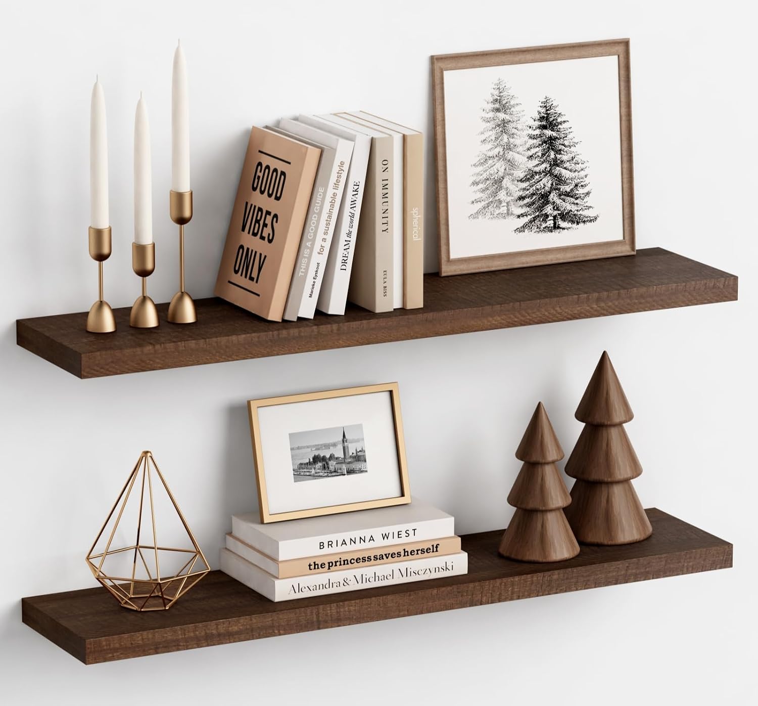 Harwaya 36 Inch Floating Shelves for Wall Set of 2, Large Long Wall Shelves for Living Room Decor, Walnut Brown Wooden Hanging Shelves for Bedroom Kitchen Bathroom Office Books Pictures (Dark Wood)