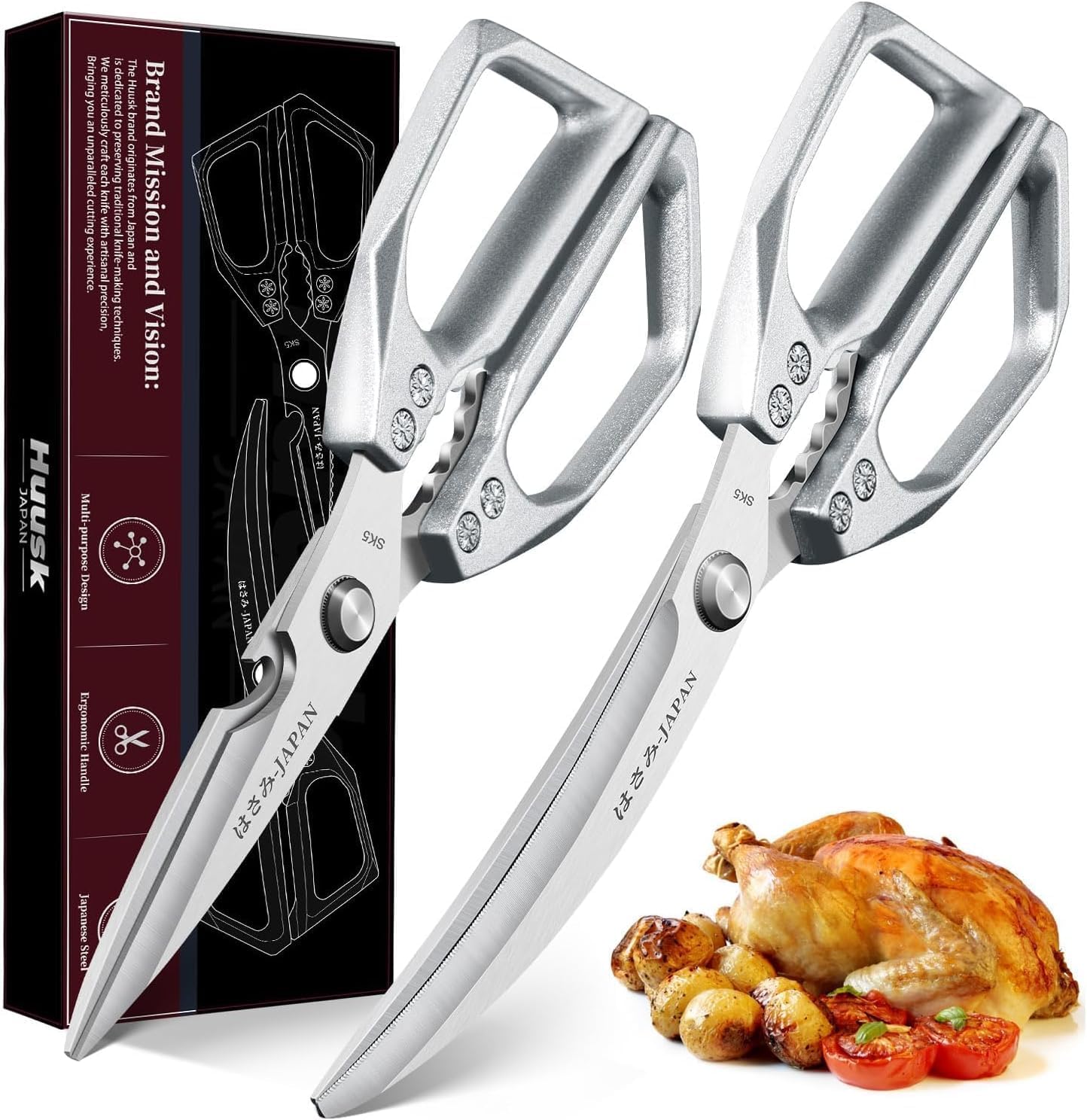 HUUSK Kitchen Scissors Set Silver – Stainless Steel Kitchen Shear, Sharp Meat Scissors, Heavy Duty Poultry Shears, Japanese Cooking Scissor for Food, Gifts for Men Women