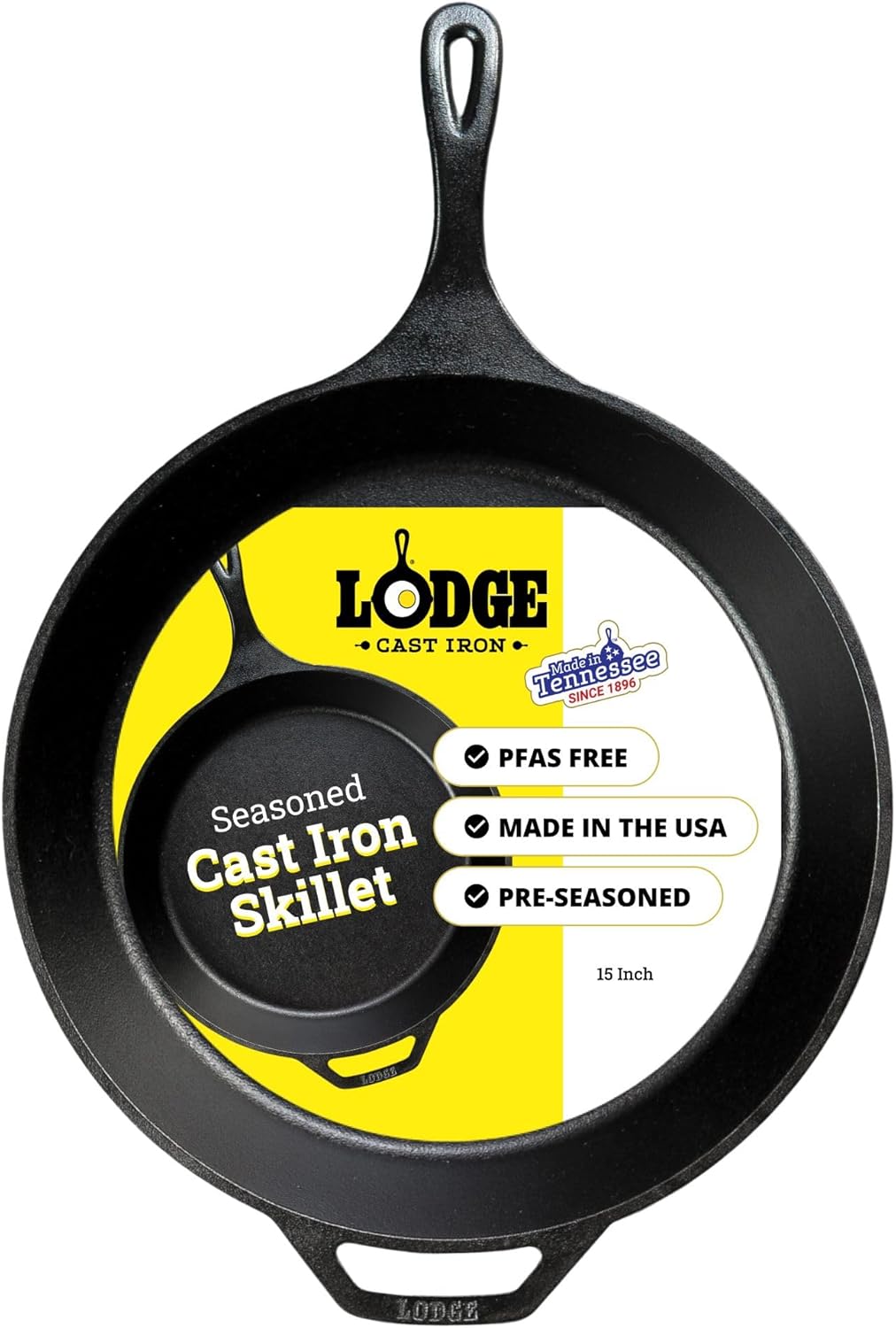Lodge Seasoned Cast Iron Skillet 15 Inches – Frying Pan for the Stove, Grill or Campfire – Cooks Evenly – Features Easy-Grip Teardrop Handle – Non-Toxic, Nonstick & Long-Lasting