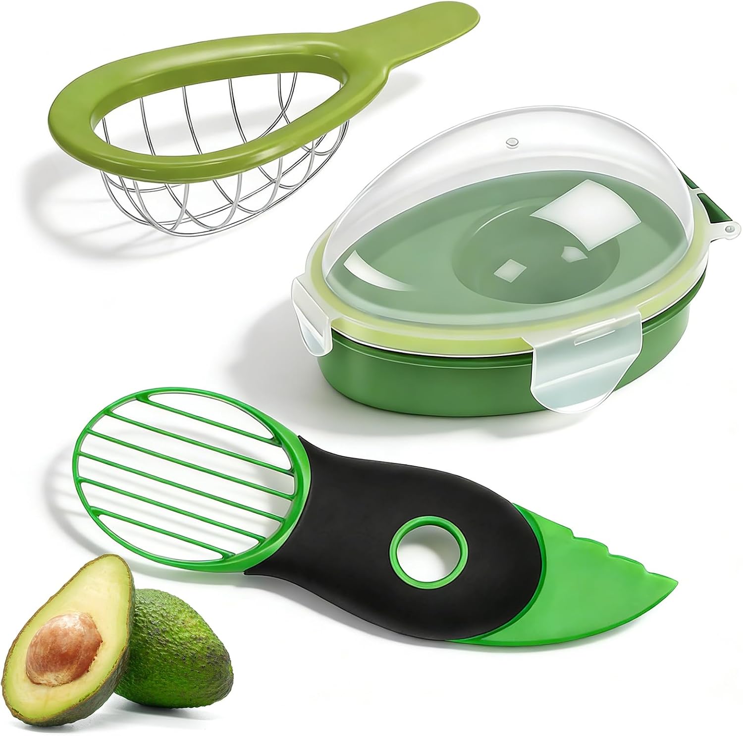 Avocado 3 Piece Set, Includes Avocado Slicer, Cutter and Airtight Storage Container, Dishwasher Safe Tool for Slicing, Dicing and Keeping Avocados Fresh