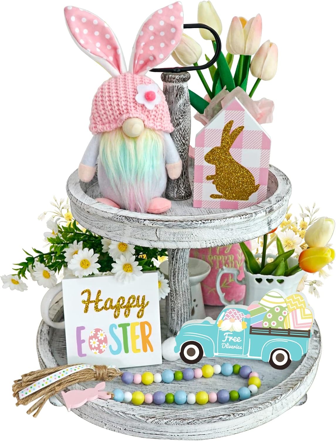 Easter Decorations, 5Pcs Easter Gnome Tiered Tray Decor, Glitter Easter Wood Signs, Truck Full of Eggs, Easter Bunny Gnome Plush, Spring Easter Bead Garland,Rustic Farmhouse Spring Easter Decor