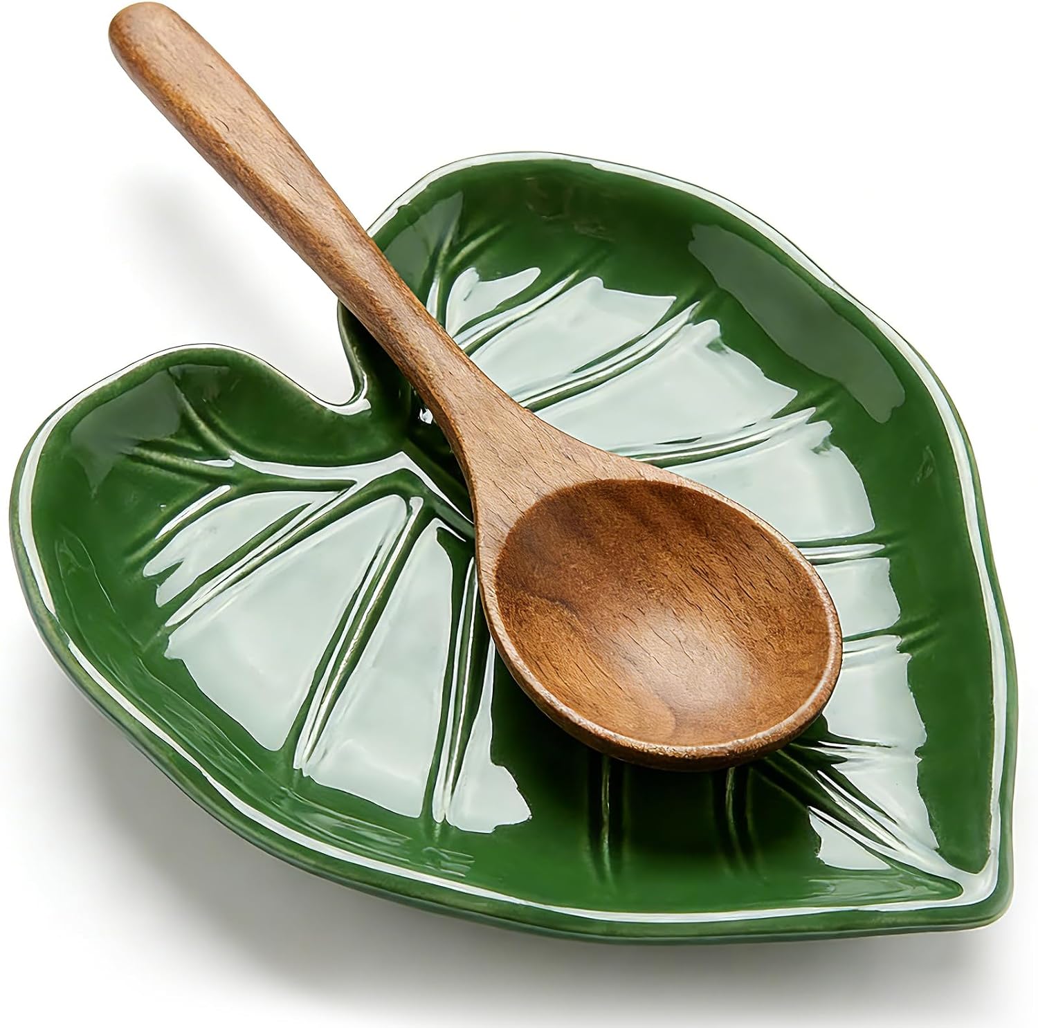 Green Ceramic Spoon Rest for Stove Top and Kitchen Counter, Keeps Counters Clean, Green Leaf Spoon Holder for Spoons Ladles Spatulas, Heat Resistant Kitchen Utensil Rest, Cute Kitchen Decor Gift