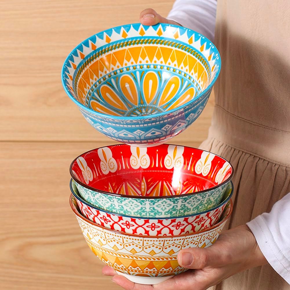 shiningsoul 4 PCS Bohemian Style Ceramic Cereal Bowls Set, 24 oz Colorful Bowls Set for Soup, Cereal, Fruit, Ice Cream, Salad, Pasta, Dishwasher & Microwave Safe, Kitchen Decor & Housewarming Gift