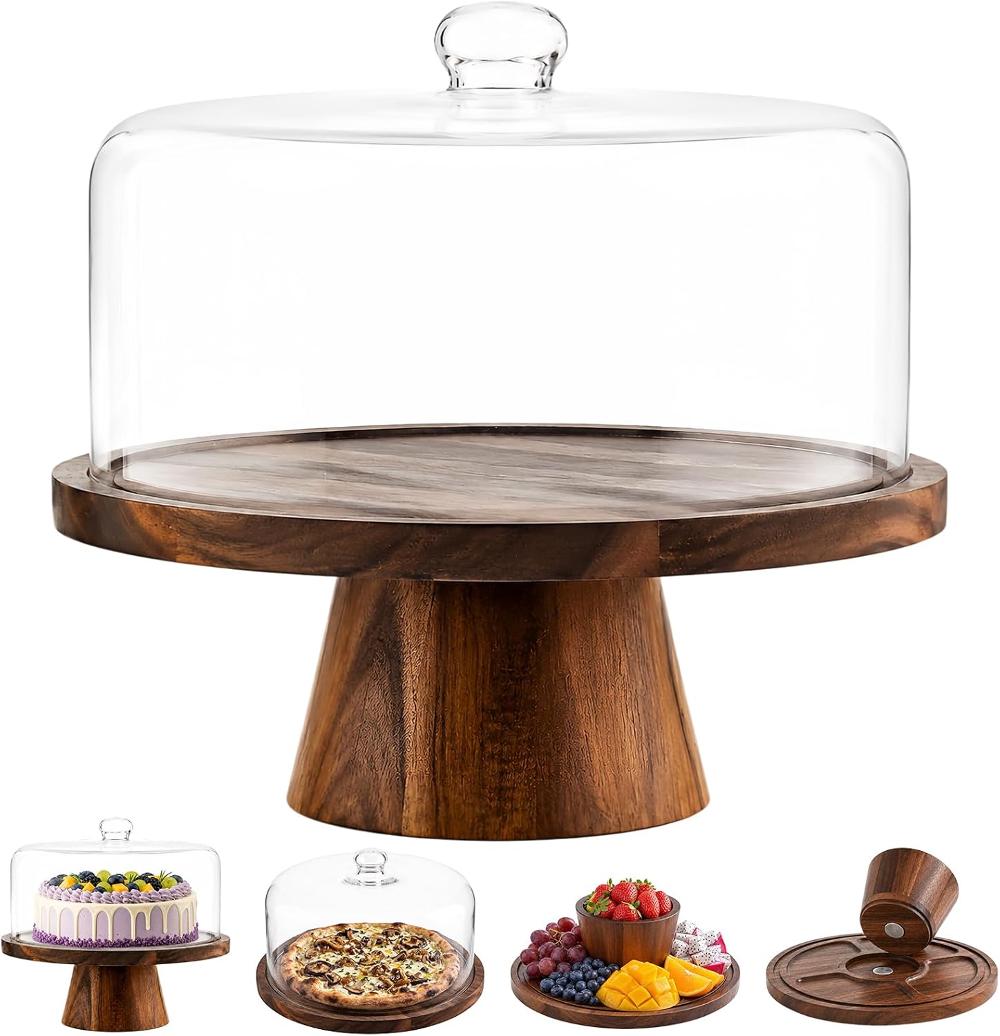Acacia Wood Cake Stand with Lid – 12 Inch Magnetic Detachable Cake Stand with Dome, Shatterproof Acrylic Cover, Versatile Cake Holder & Charcuterie Board for Parties, Dessert Table Display