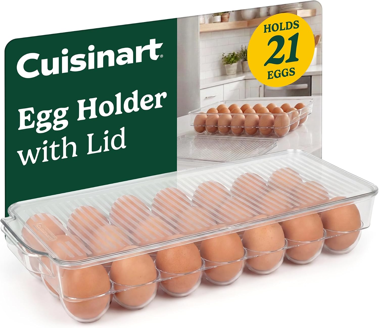 Cuisinart Egg Holder for Fridge with Lid – Easy-to-Use Clear Stackable Egg Organizer for Refrigerator Storage, Holds Up to 21 Eggs, Space-Saving Container