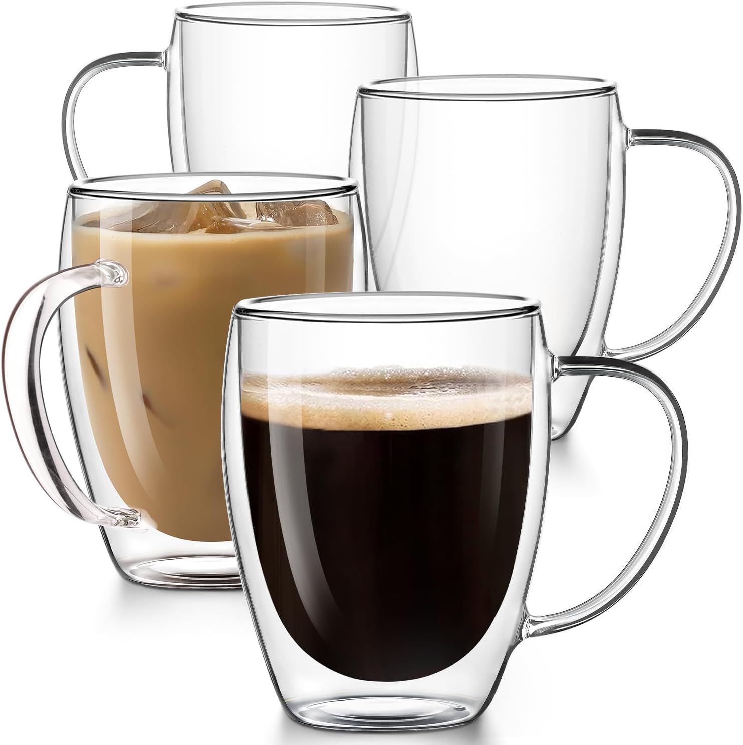 Double Walled Glass Coffee Mugs Set of 4, 12.5OZ Hand Blown Insulated Clear Glass Coffee Cups with Handle,Perfect for Latte,Cappuccino, Espresso, American,Tea Bag, Beverage