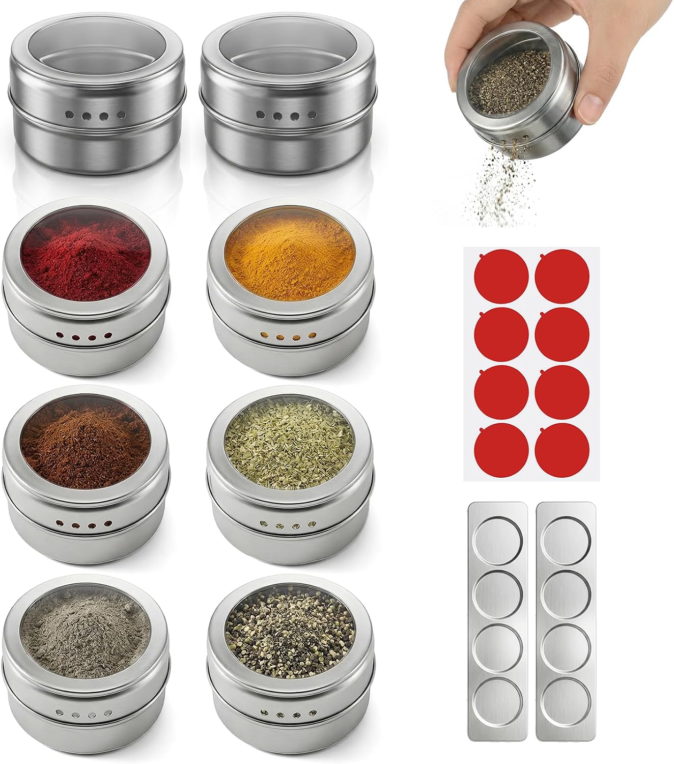 Magnetic Spice Rack with 2 Metal Plates & 8 Magnetic Spice Jars – Stainless Steel Seasoning Tins with Clear Lid & Double-Sided Stickers for Kitchen Refrigerator Organization
