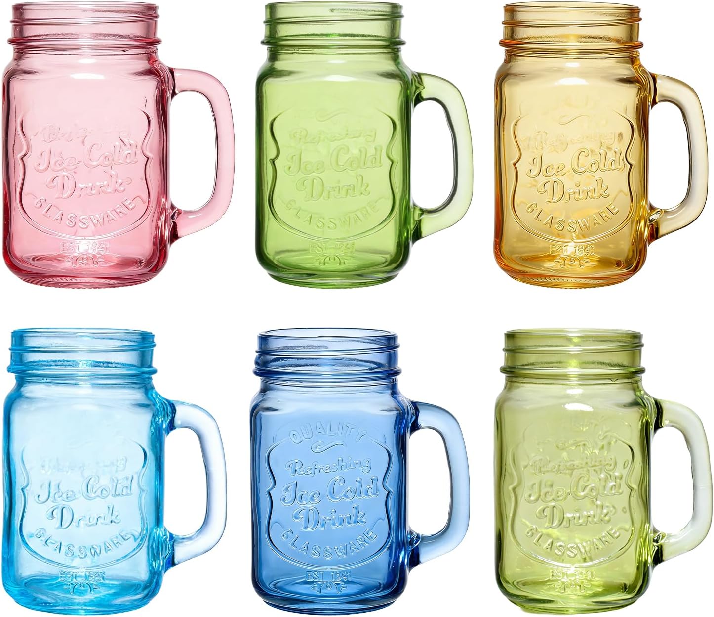 Mason Jar Drinking Glasses with Handle,6 Pack Colored Mason Jars Cups with Handle,16 oz Glass Mugs for Iced Coffee,Cold Beverages