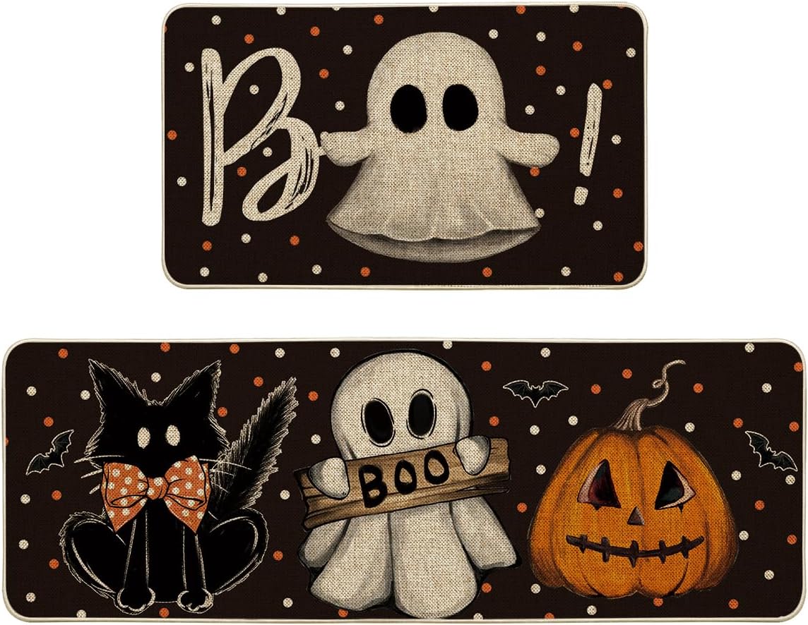 Artoid Mode Black Cats Boo Halloween Kitchen Mats Set of 2-17×29+17×47 | Bats Jack-O’-Lantern Pumpkin Home Decor Low-Profile Kitchen Rugs for Floor