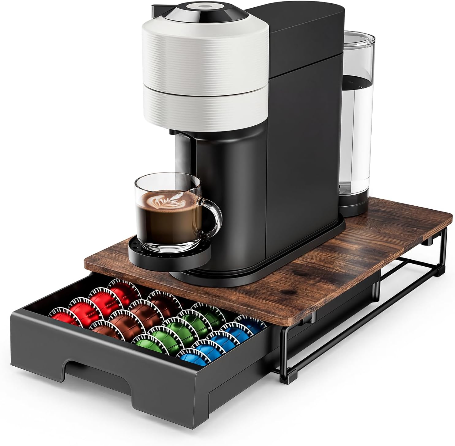 EVERIE Wooden Coffee Pod Storage Drawer for Nespresso VertuoLine Capsules, Large Capacity Countertop Coffee Station Organizer, Rustic Brown